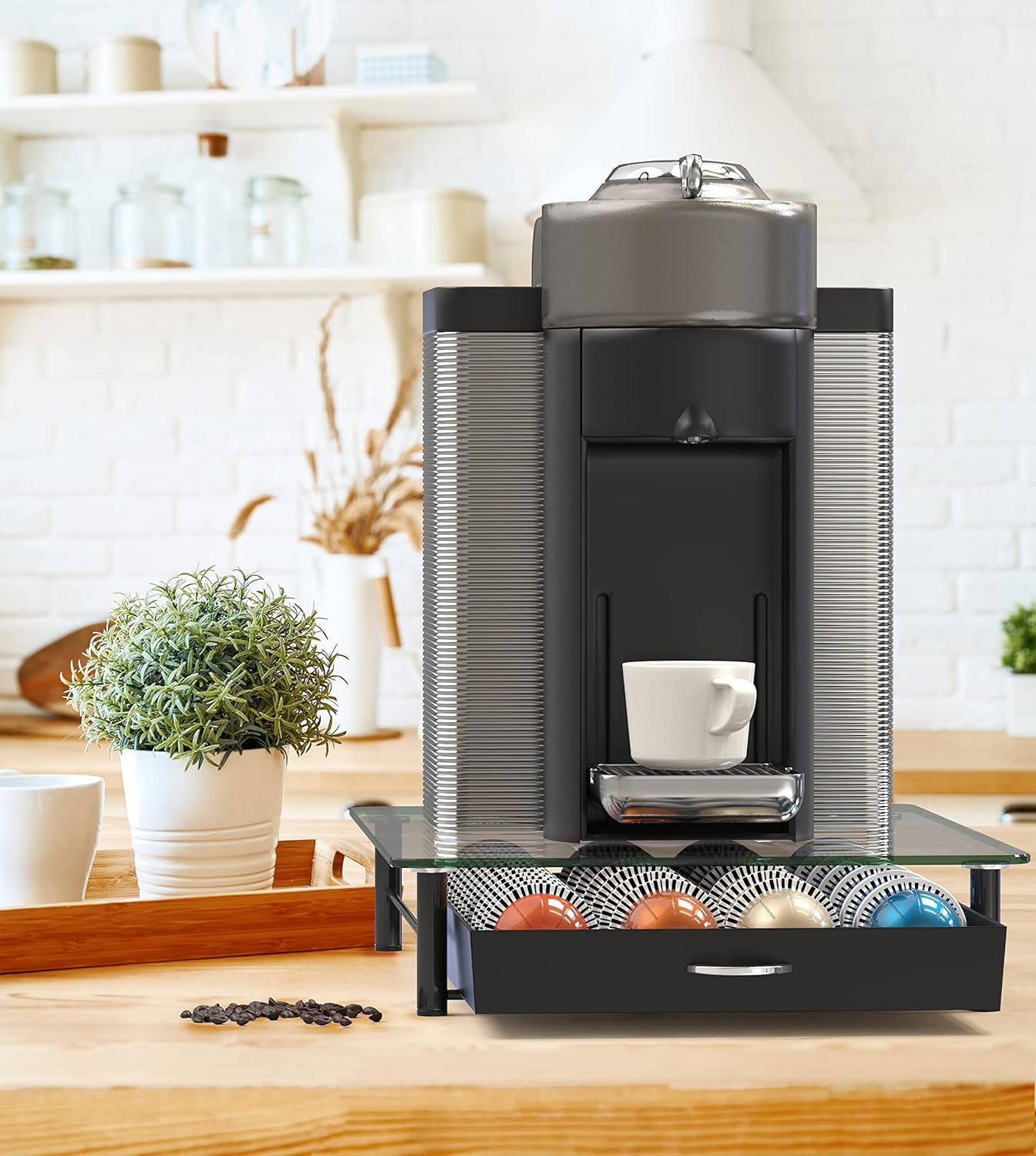DecoBrothers Vertuo Pod Holder VertuoLine Drawer Storage for Nespresso Coffee Capsules, Crystal Tempered Glass, White