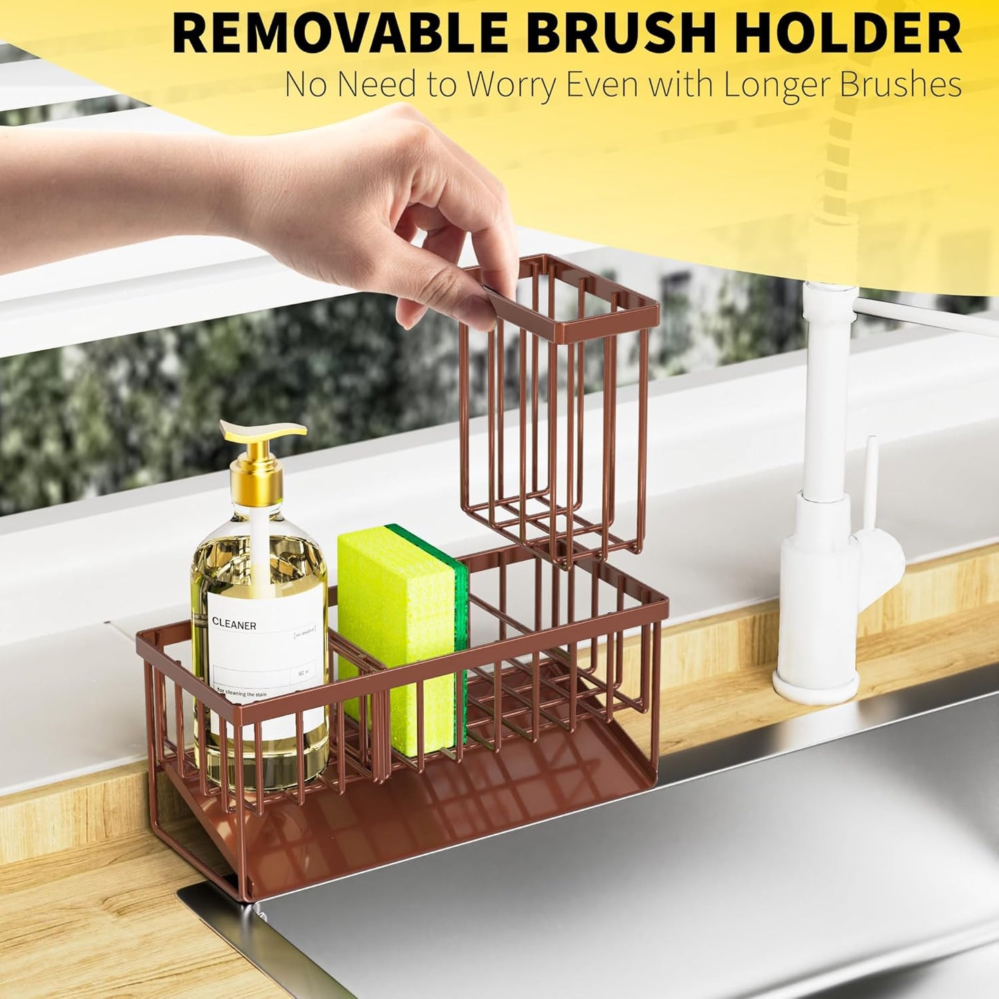Cisily Kitchen Sink Caddy Organzier with High Brush Holder, Sponge Holder for Sink, 304 Rustproof Stainless, Kitchen Countertop Soap Dispenser Organizer, Kitchen Decor and Accessories (Black)