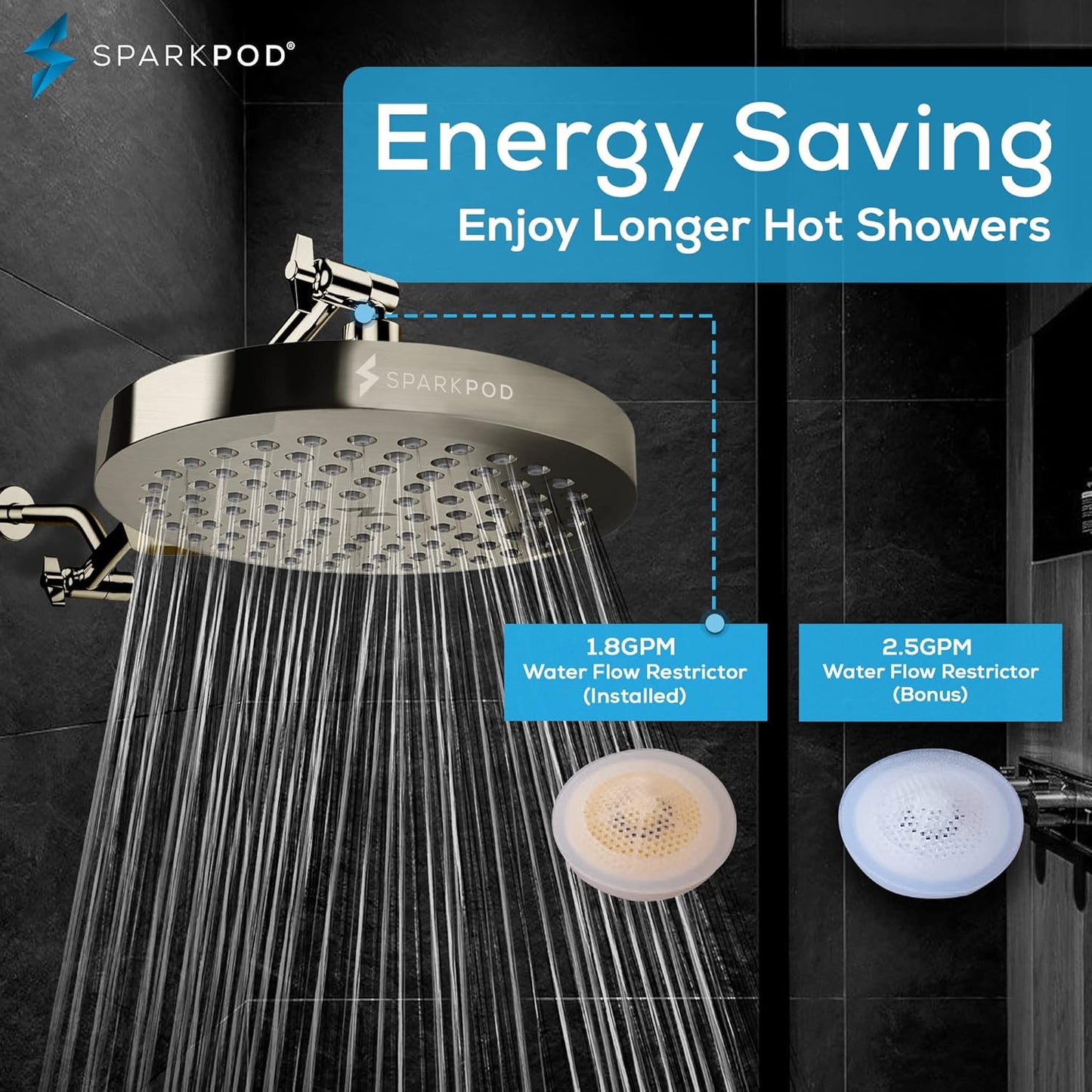 SparkPod Shower Head - High Pressure Rain - Premium Quality Luxury Design - 1-Min Install - Easy Clean Adjustable Replacement for Your Bathroom Shower Heads (Luxury Polished Chrome, 6 Inch Round)