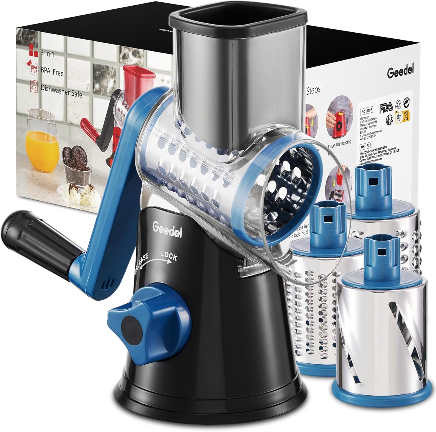 Geedel Kitchen Cheese Grater, Rotary Mandoline Vegetable Slicer with Interchangeable Blades, Easy to Use Rotary Grater Slicer for Fruit, Vegetables, Nuts