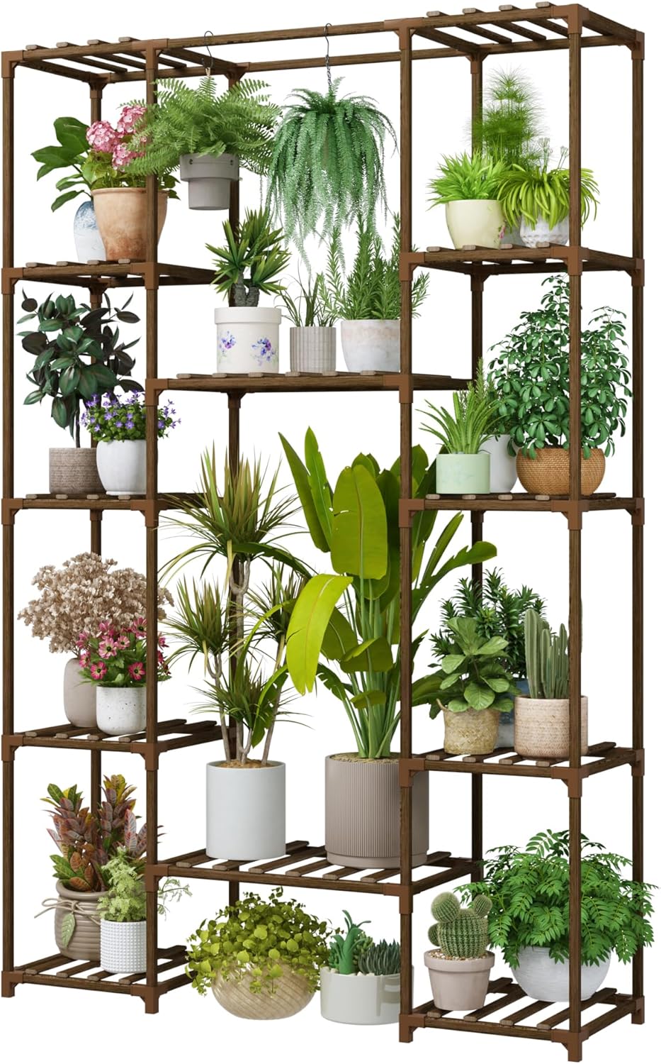 Bamworld Plant Stand Indoor Outdoor Hanging Plant Shelf for Multiple Plants Pots Wood Flower Stand Tall Large Flower Holder for Living Room, Patio, Balcony, Garden Decor, Brown