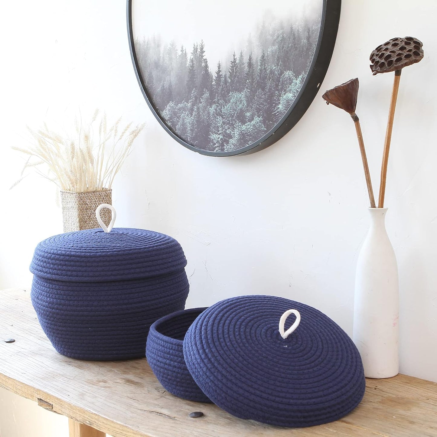 Sea Team Round Cotton Rope Storage Basket with Lid, Decorative Woven Storage Bin, Pot, Caddy, Organizer, Container for Snacks, Towels, Plants (Grey, Small)