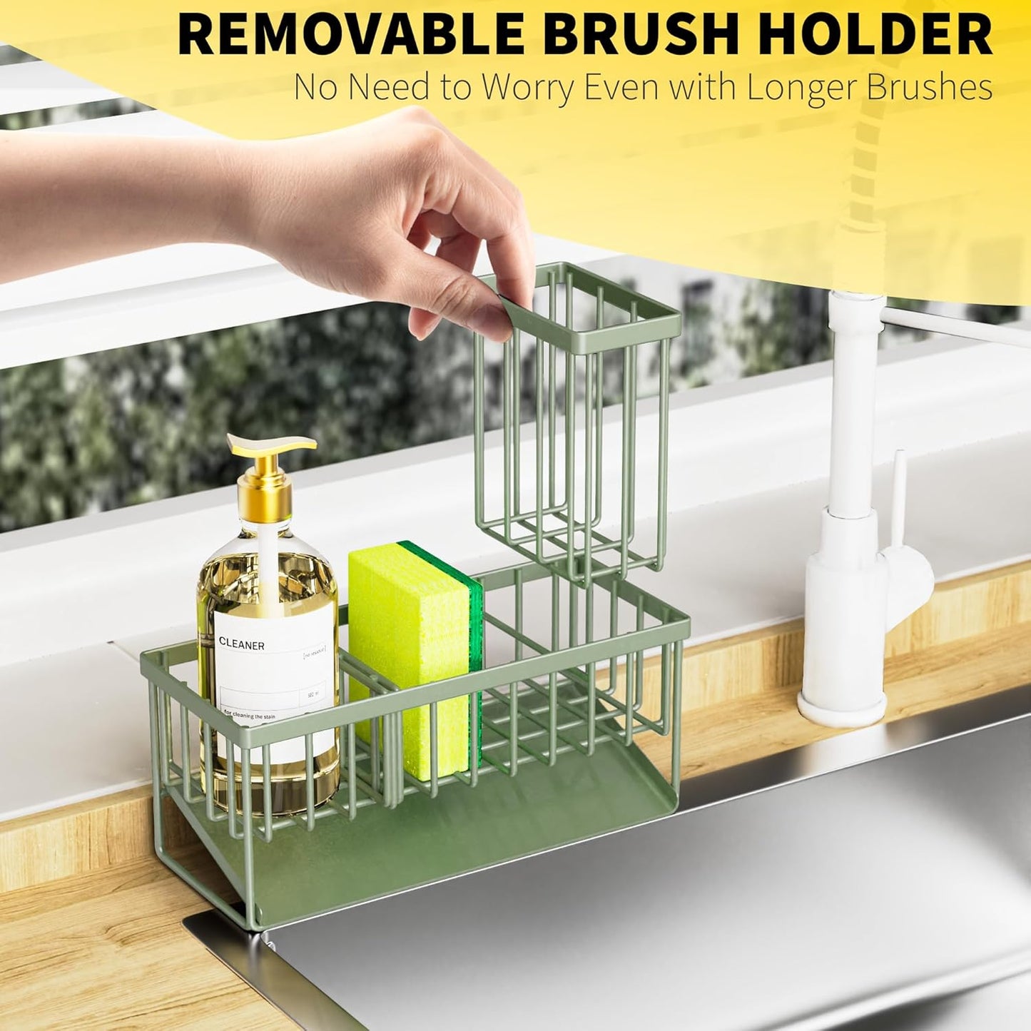 Cisily Kitchen Sink Caddy Organzier with High Brush Holder, Sponge Holder for Sink, 304 Rustproof Stainless, Kitchen Countertop Soap Dispenser Organizer, Kitchen Decor and Accessories (Black)