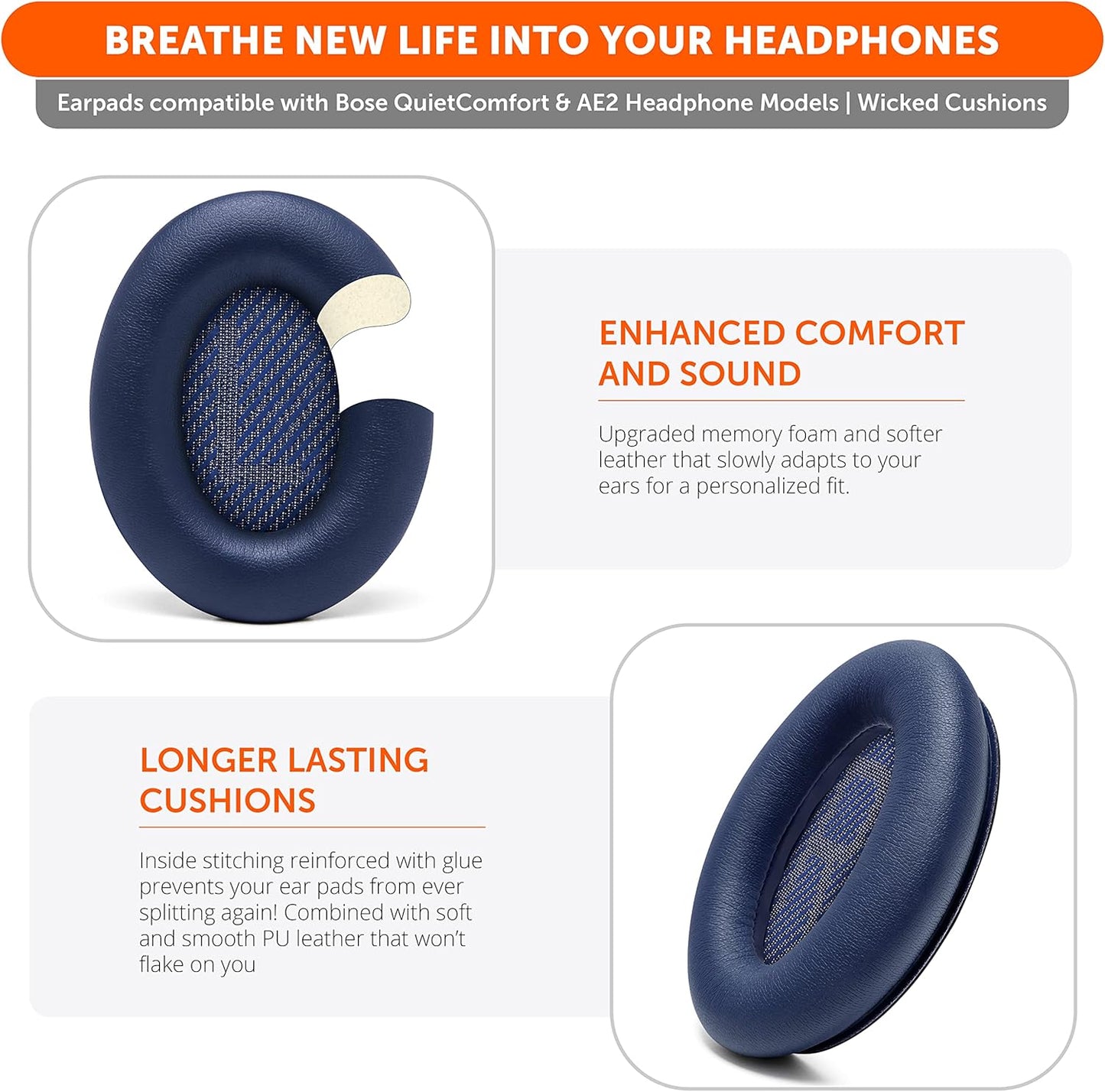WC Wicked Cushions Upgraded Replacement Ear Pads for Bose QC35 & QC35ii (QuietComfort 35) Headphones & More - Softer Leather, Luxurious Memory Foam, Added Thickness, Extra Durability | Midnight Blue