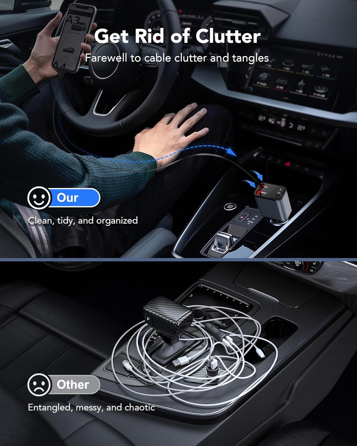 69W Retractable Car Charger, 4-in-1 Fast Car Phone Charger with 2.6ft Two Retractable Cables and USB C+USB A Car Charger Block Cube, Compatible with iPhone 16 15 14 13 12 Pro Max Plus,Galaxy,Pixel