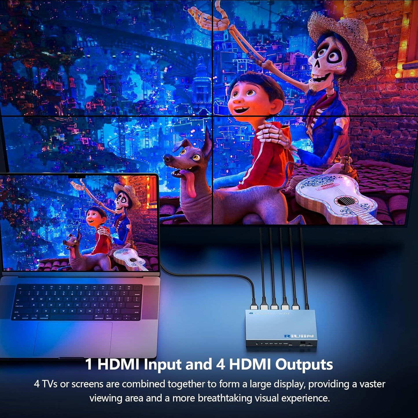 HDMI Video Wall Controller, RIUIIN TV Wall Controller, 4K TV Wall Processor, 180° Rotation, Audio, IR Remote, 2x2,1x2,1x3,1x4,2x1,3x1,4x1, Make 4 tv Screens into Wall Display
