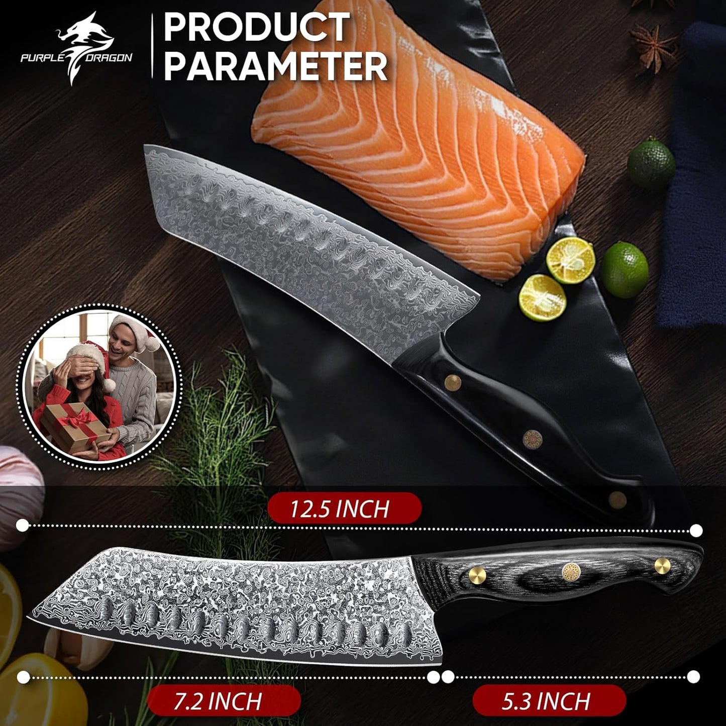 Purple Dragon Damascus Fish Fillet Knife - 7 inch Flexible Boning Knife with VG10 Core, Kitchen Slicing Knife with Full Tang Handle, Birthday Dad Mom Gift