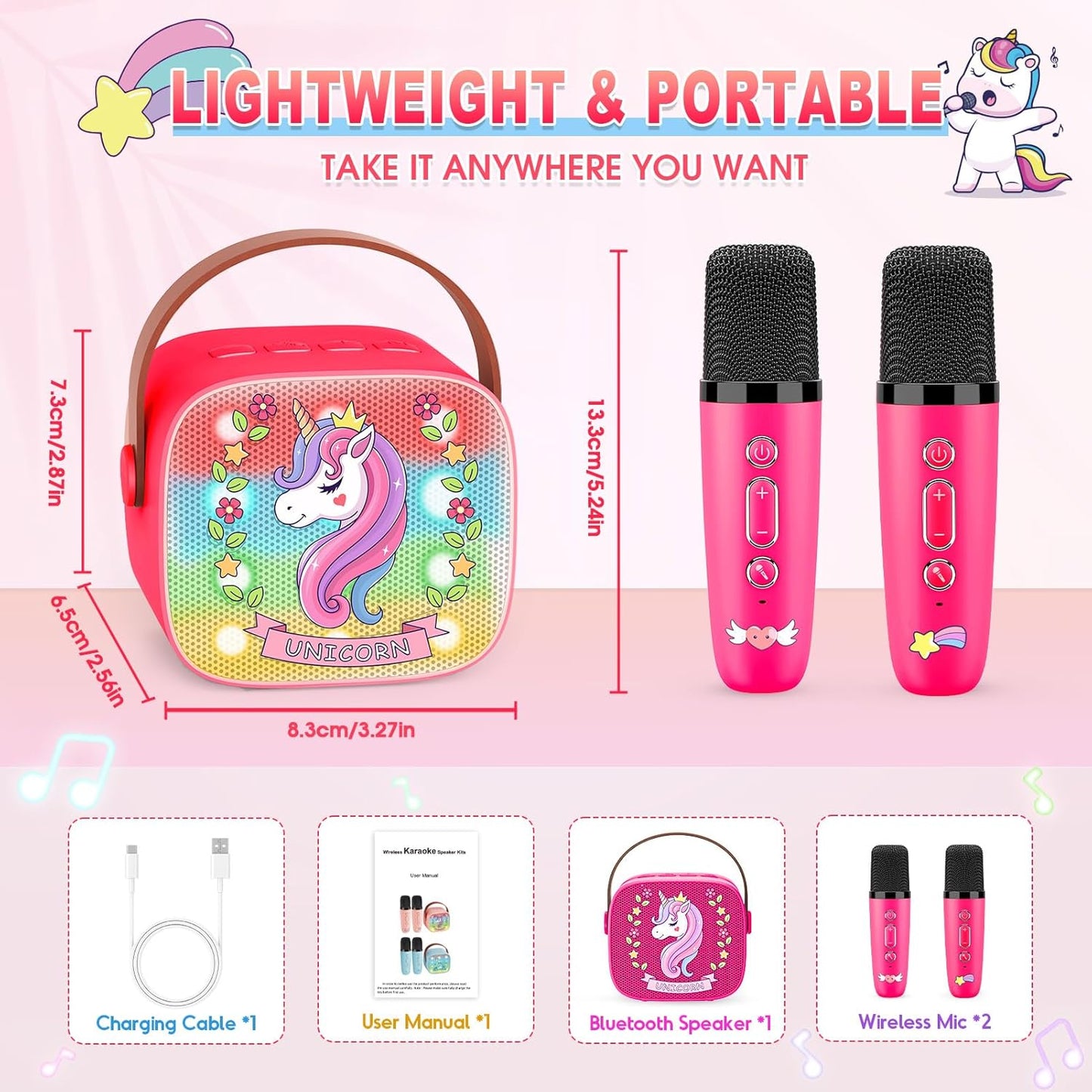 Mini Karaoke Machine for Kids, Exssary 3 4 5 6 7 8-12 Year Old Girl Gifts Portable Bluetooth Speaker with 2 Wireless Microphone Unicorn Toys Birthday Gifts for Girls Kids Teens (Pink)