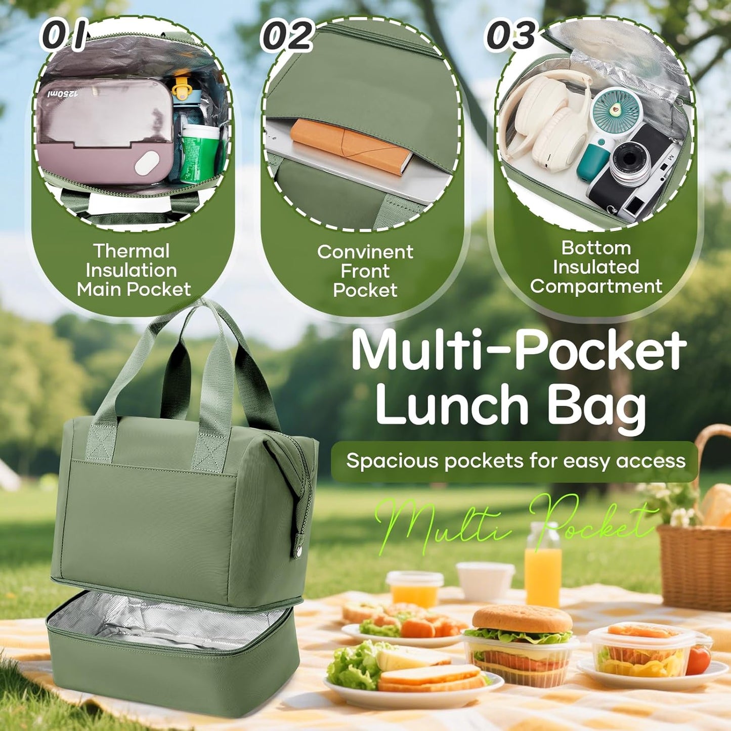 Lunch Bag Insulated Lunch Box Leakproof Lunch Tote Bags for Women Men,Portable Thermal Cooler Bag Lunch Containers with Shoulder Strap for Work, Family, Picnic, School, Outdoor,BBQ C2-Pinkpurple