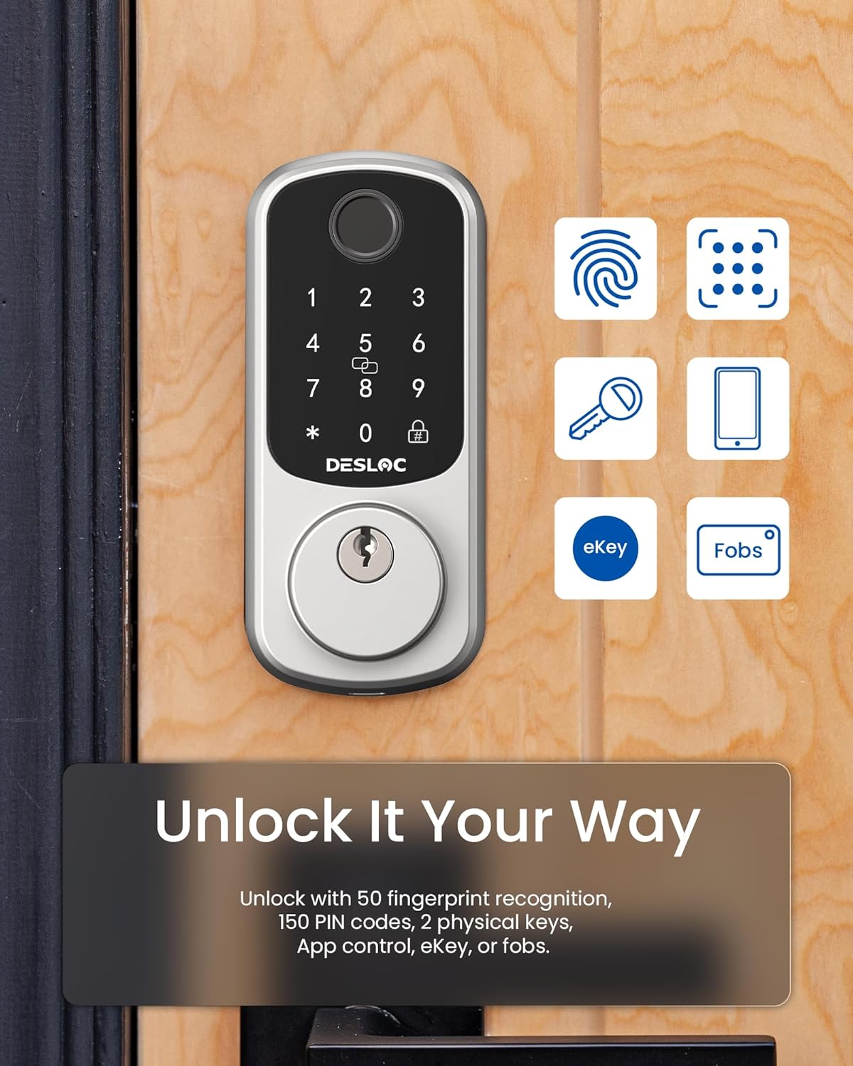DESLOC B200 Fingerprint Smart Door Lock, Keyless Entry Door Lock, App Control, Easy Installation, Front Door Smart Deadbolt Lock, Touchscreen Keypad, Emergency Power Port, 12 Months Battery, IP54