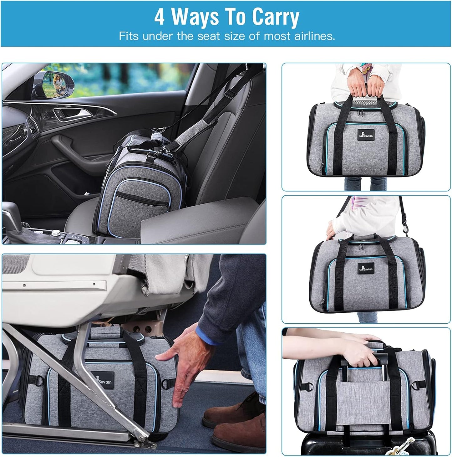 Siivton Cat Carrier,4 Sided Expandable Pet Carrier for Travel,Collapsible Soft-Sided Carriers with Removable Fleece Pad and Shoulder Straps,Airline Approved(17.5"x 11"x 11")