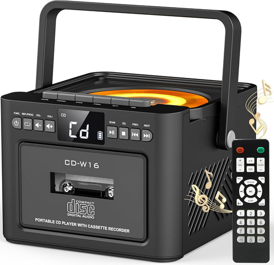 Greadio CD Player Portable, Boombox with CD Cassette Player, 5000mAh Rechargeable Battery Boom Box with Remote Control, Bluetooth 5.1, FM Radio, AUX/USB/SD Card-in, 5W Speaker, LED Screen, Black