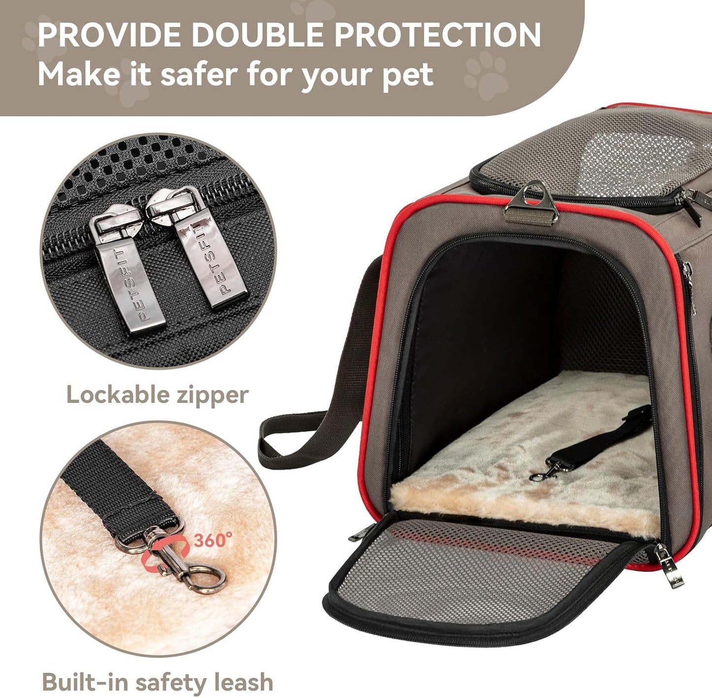 Petsfit Expandable Cat Dog Carrier Airline Approved, 17" L x 11" W x 11" H Soft-Sided Portable Pet Travel Carrier for Kitten, Puppy, Removable Soft Plush Mat and Pockets, Auto-Locking Zippers