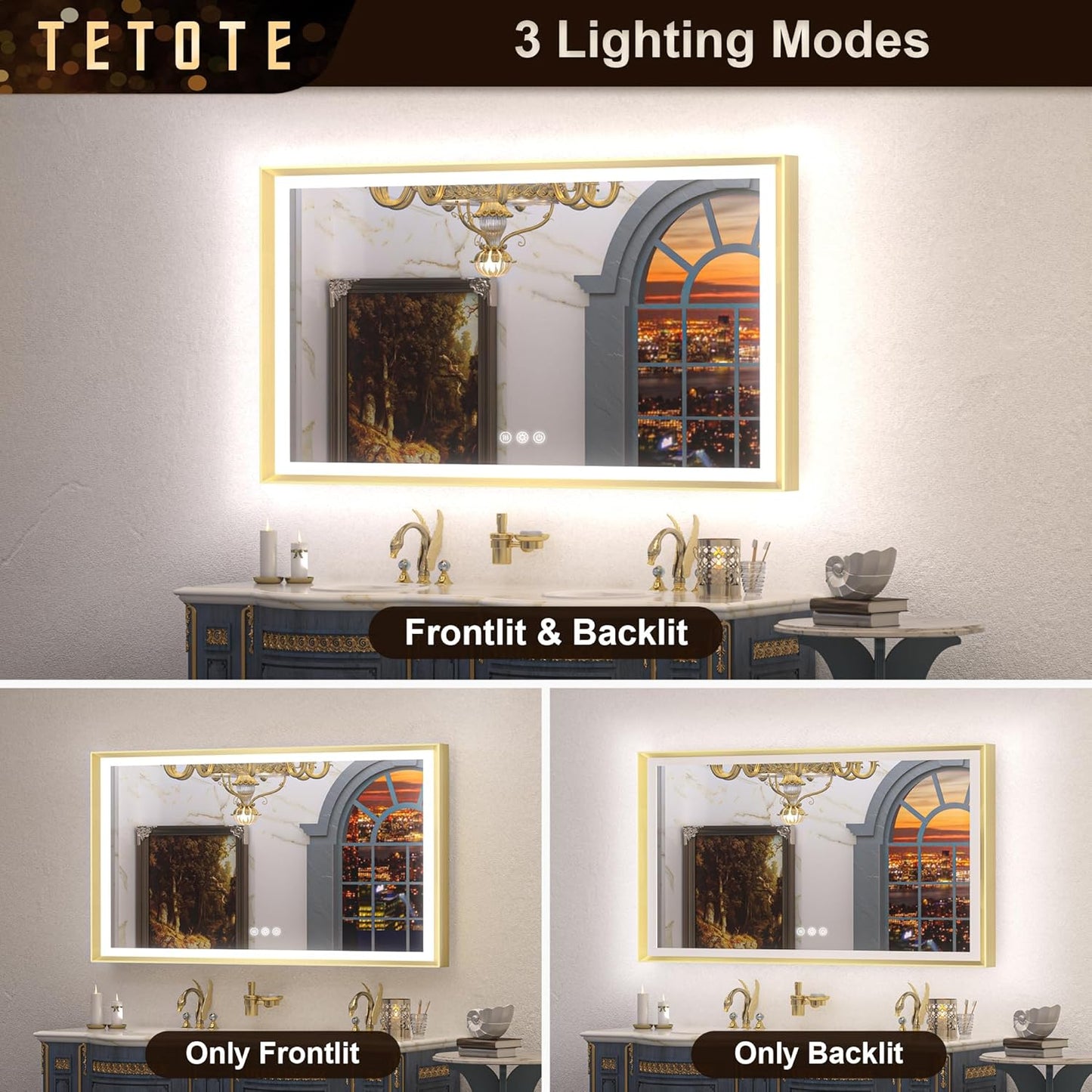 TETOTE 28x36 LED Mirror for Bathroom Black Metal Frame Frontlit & Backlit Lighted Vanity Mirror Baroque Gothic Anti Fog Stepless Dimmable White/Warm/Natural,Wall Mounted(Horizontal/Vertical)