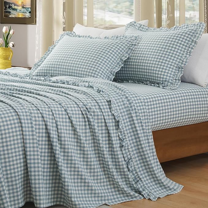 KKJIAF 3 Pieces Plaid Ruffle Twin Bed Sheets, Gingham Twin Sheet Set Comfy Breathable Ruffed Bed Sheet Set with 16 Inch Deep Pocket, Dusty Blue