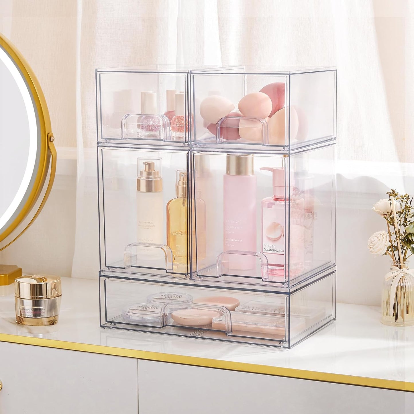 Vtopmart 3 Pack Stackable Clear Plastic Drawer Organizer, Makeup Organizers and Storage for Eyeshadow Palettes, Cosmetics, Beauty Supplies, Ideal for Vanity, Desk, Office, Bathroom Organization
