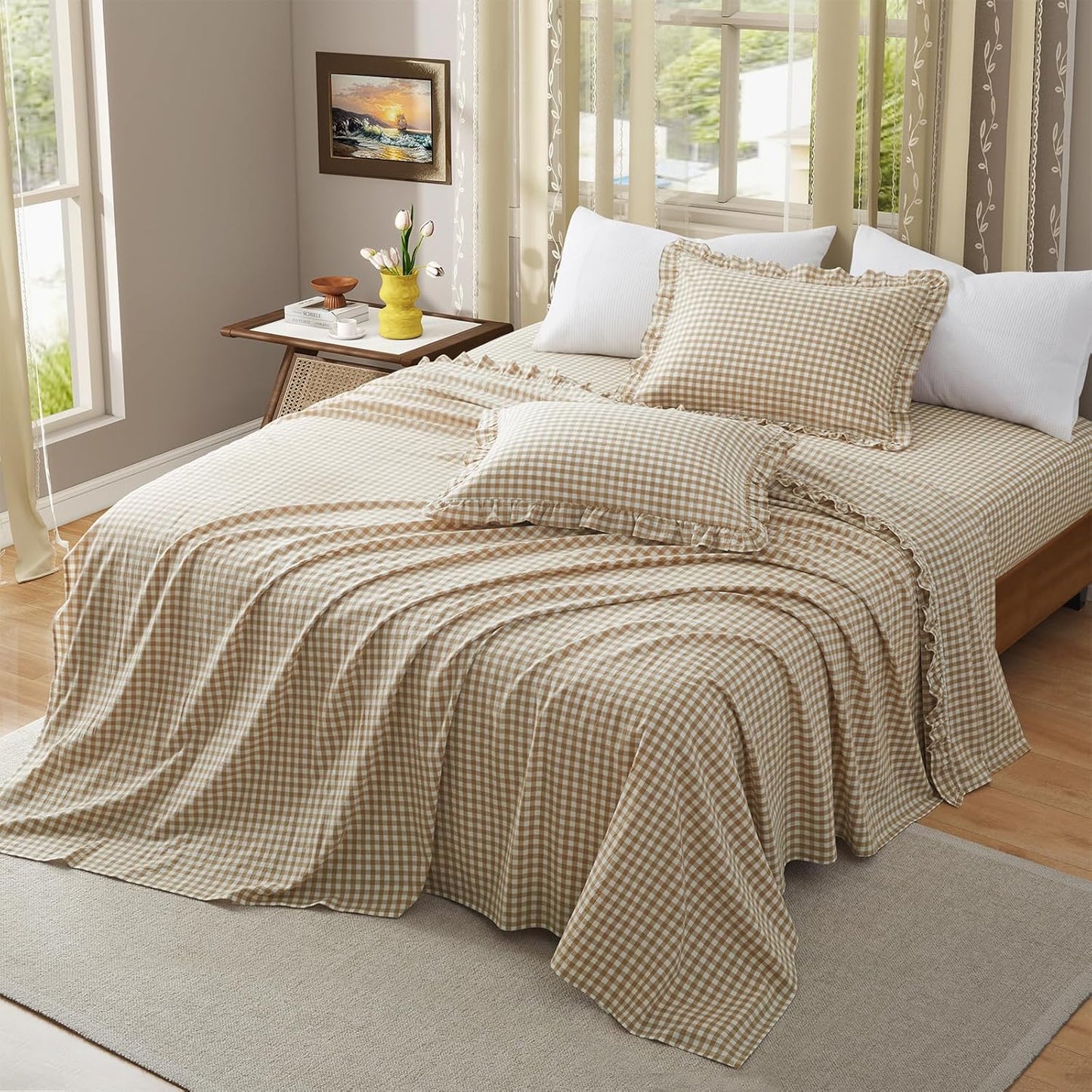 KKJIAF 3 Pieces Plaid Ruffle Twin Bed Sheets, Gingham Twin Sheet Set Comfy Breathable Ruffed Bed Sheet Set with 16 Inch Deep Pocket, Dusty Blue