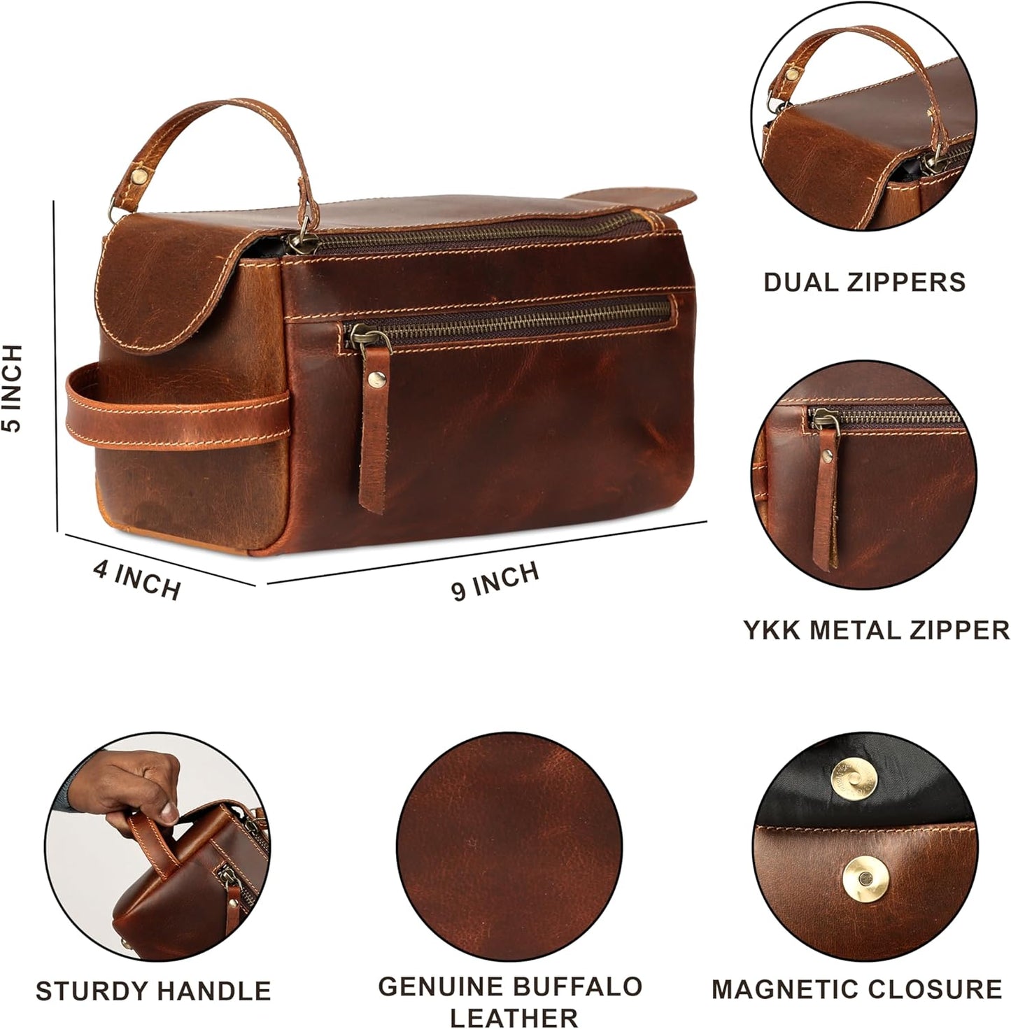 Premium Buffalo Leather Unisex Toiletry Bag Travel Dopp Kit Shaving kit (Distressed Tan)