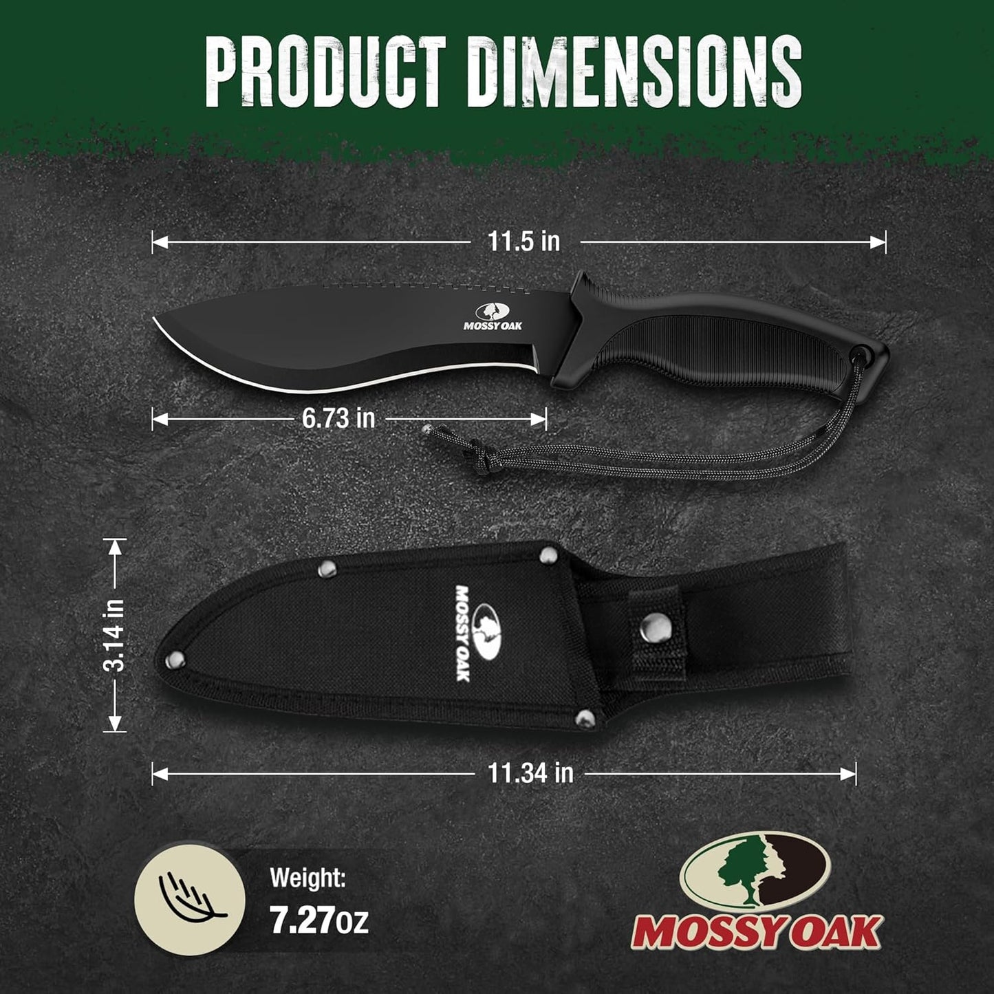 Mossy Oak Survival Hunting Knife with Sheath, 11-1/2-inch Fixed Blade Tactical Bowie Knife, Premium Stainless Steel Blade for Camping, Outdoor, Bushcraft