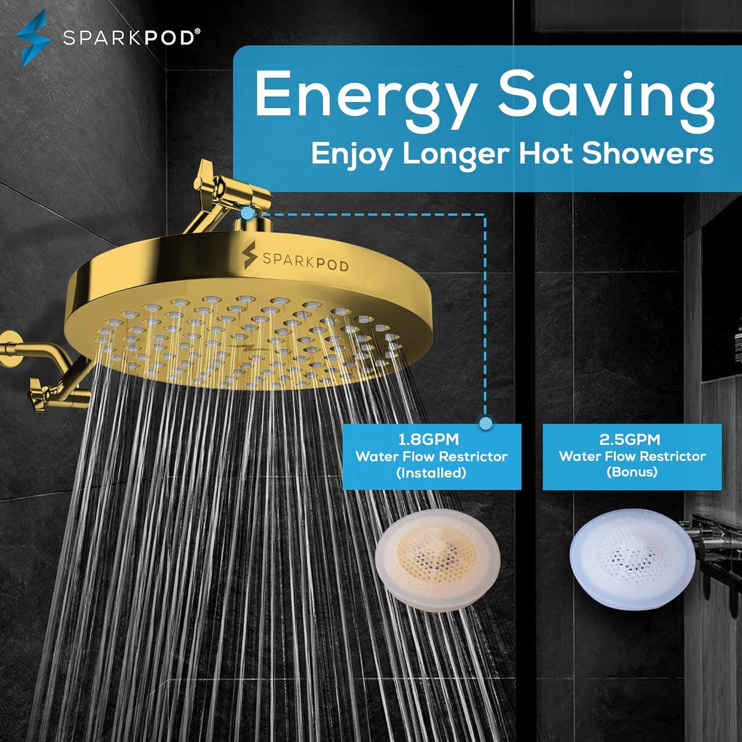SparkPod Shower Head - High Pressure Rain - Premium Quality Luxury Design - 1-Min Install - Easy Clean Adjustable Replacement for Your Bathroom Shower Heads (Luxury Polished Chrome, 6 Inch Round)
