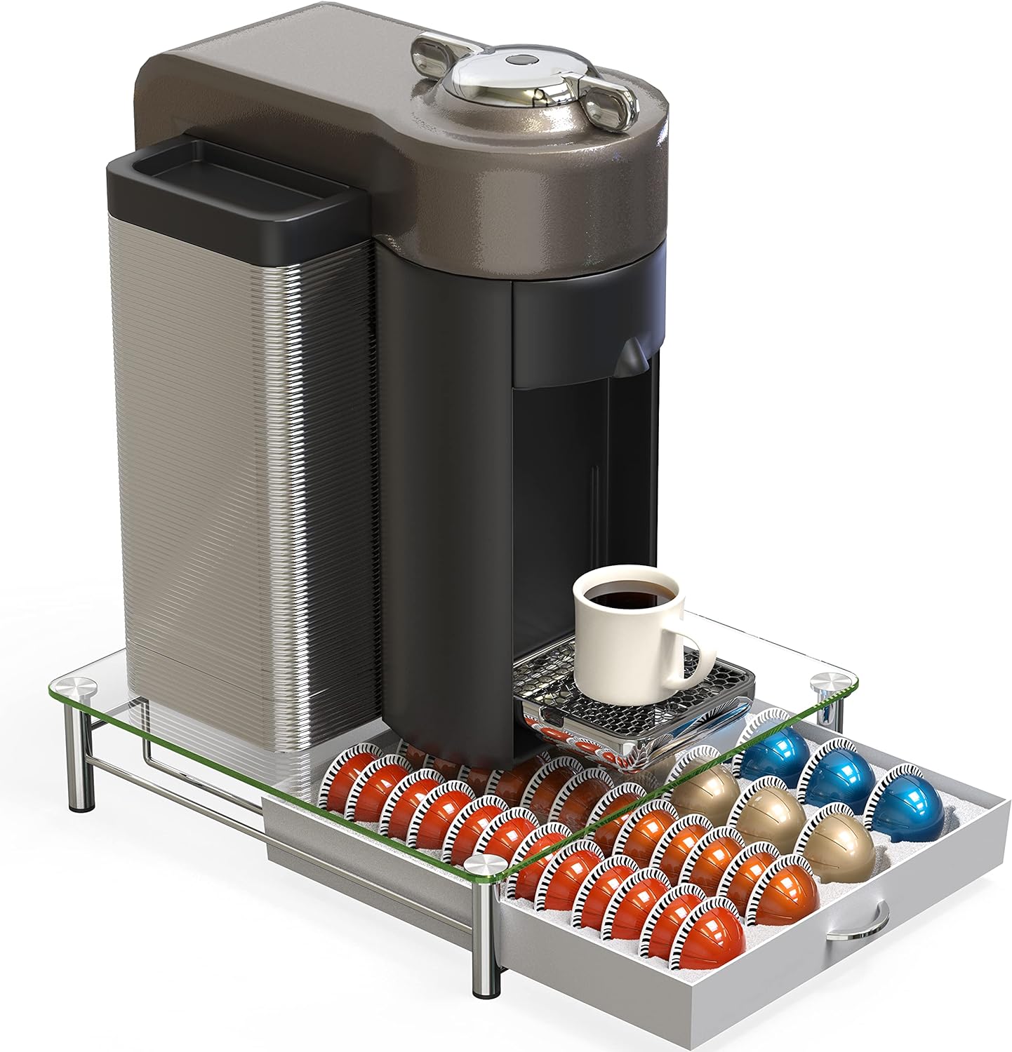 DecoBrothers Vertuo Pod Holder VertuoLine Drawer Storage for Nespresso Coffee Capsules, Crystal Tempered Glass, White