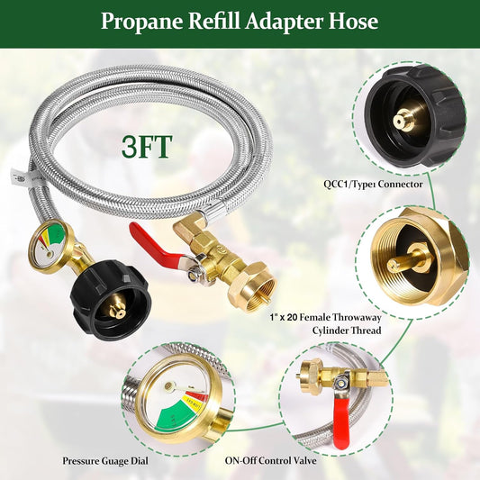 Propane Refill Adapter 20lb to 1lb Camping - 3FT/36inch Stainless Steel Hose with Gauge and ON-Off Control Valve - Fits QCC1 / Type1 Tank, 2 Caps Included