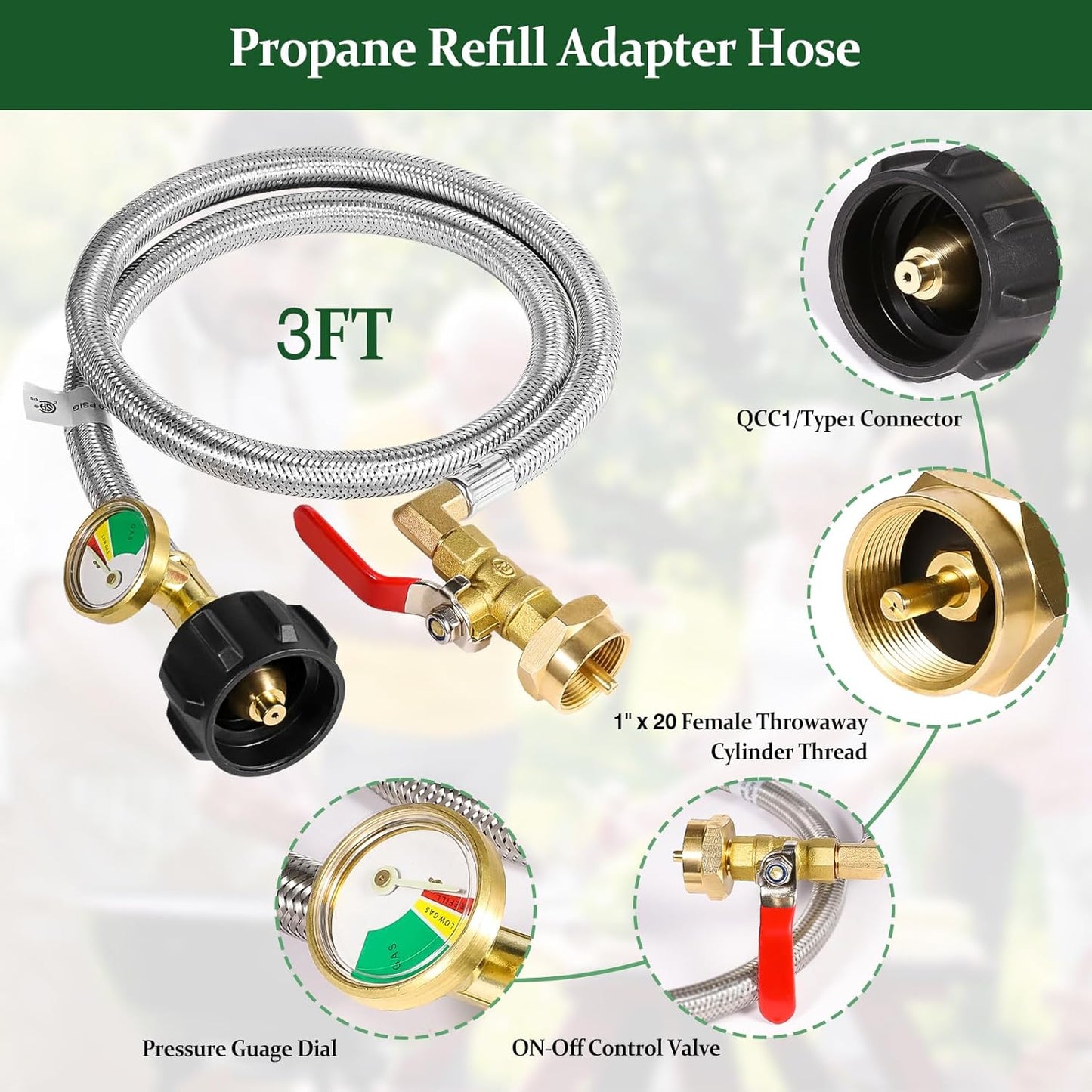 Propane Refill Adapter 20lb to 1lb Camping, Upgrade 3FT/36inch Propane Tank Refill Adapter Hose with Guage and ON-Off Control Valve, 2 Bottle Caps Included (PVC)