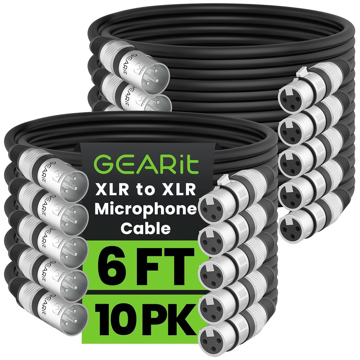 GEARit XLR Male to Female Microphone Cable (10 Feet, 6-Pack) 3-Pin Balanced Shielded Mixer, Recording Studio, Podcast - Black