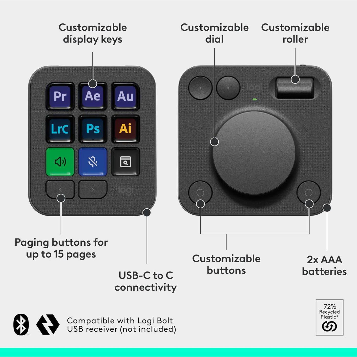 Logitech MX Creative Console - 9 Customizable LCD Keys, Control Dial for Graphic Design, Video Editing, Control Adobe, Zoom, Spotify and More - Graphite, with 3-Month Adobe Creative Cloud Membership
