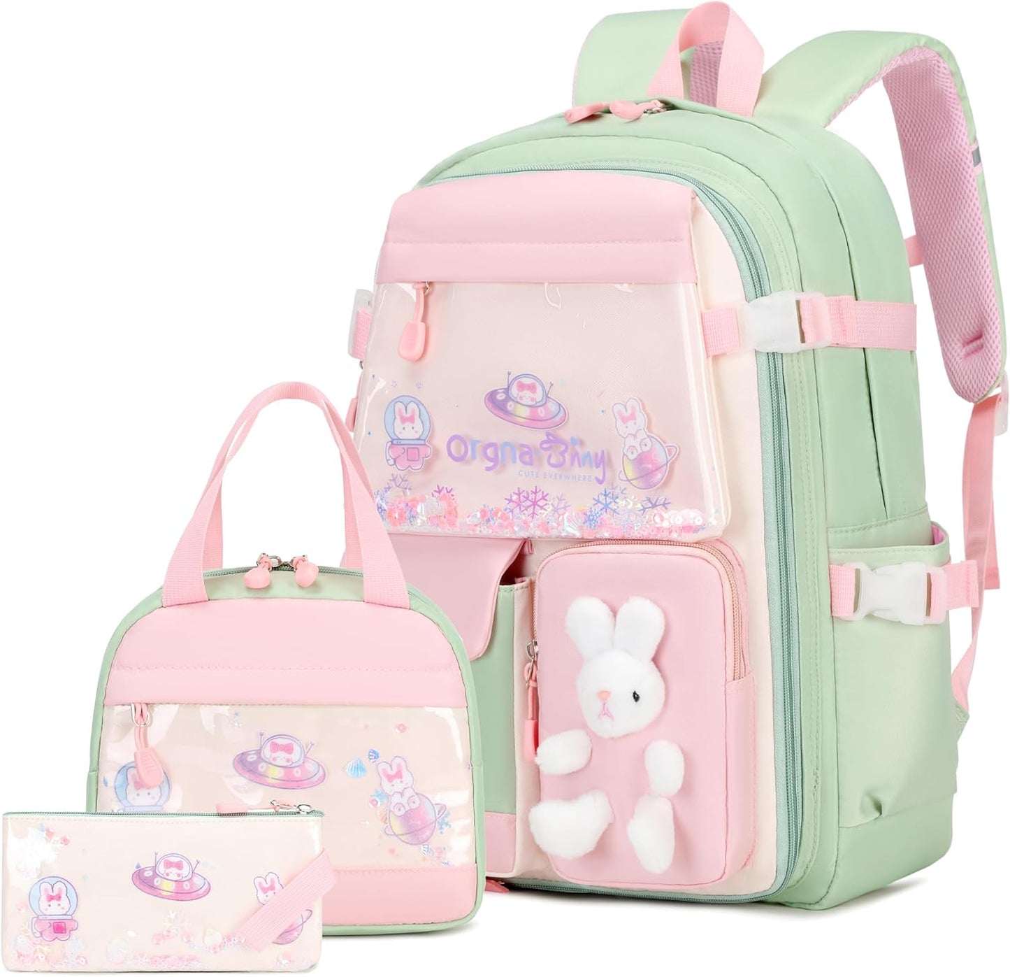 FIXITOK Girls Backpack Set, 3PCS Kids Backpack for Girls, Kawaii Bunny School Backpacks for Girl Kindergarten Elementary Preschool Middle School Bags with Lunch Box Pencil Case Aquamarine