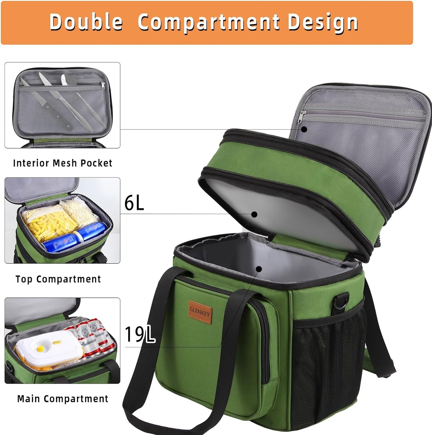 Expandable Large Lunch Bag, Double Deck Insulated Lunch Box Leakproof Durable Soft Cooler Bag for Men Women Adults Work Construction Beach Picnic Daytrip,16L,Black, GLENKEY