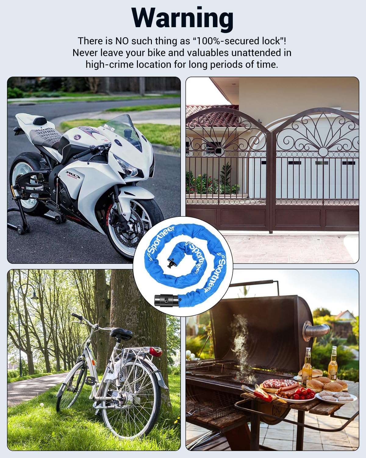 Sportneer Bike Lock Anti-Theft Bicycle Chain Lock Heavy Duty 0.32inch/8mm Thicker Motocycle Lock High Security with 2 Keys for Bike, Scooter, Moto, Door, Gate Fence