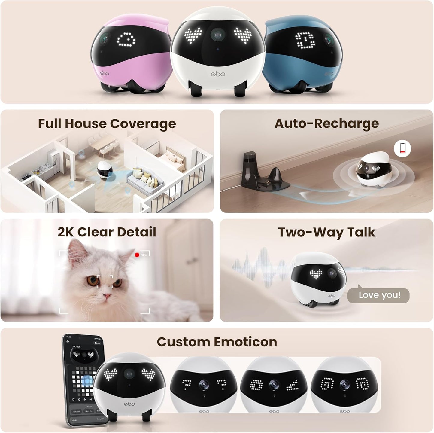 Indoor Security Camera EBO Air 2: 2K Pet Camera, Movable Home Security Camera, Custom Facial Expression, Auto-Recharge, Battery-Operated, 2-Way Talk, Night Vision, 32GB Memory Card(Dove White)
