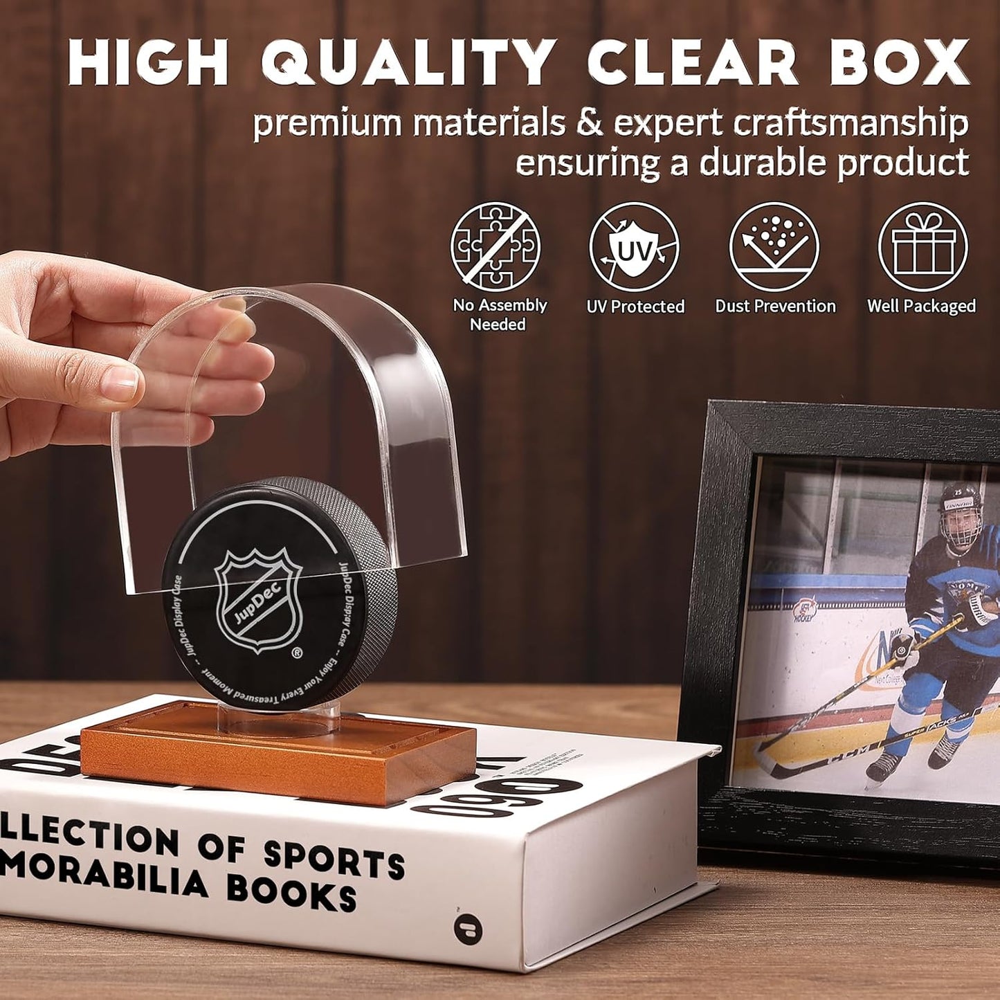 JupDec Baseball Display Case, Clear Cube Baseball Holder with Wooden Base, Autograph Baseball Stand Box for Single Ball, Acacia Wood, Brown, 1 Pack