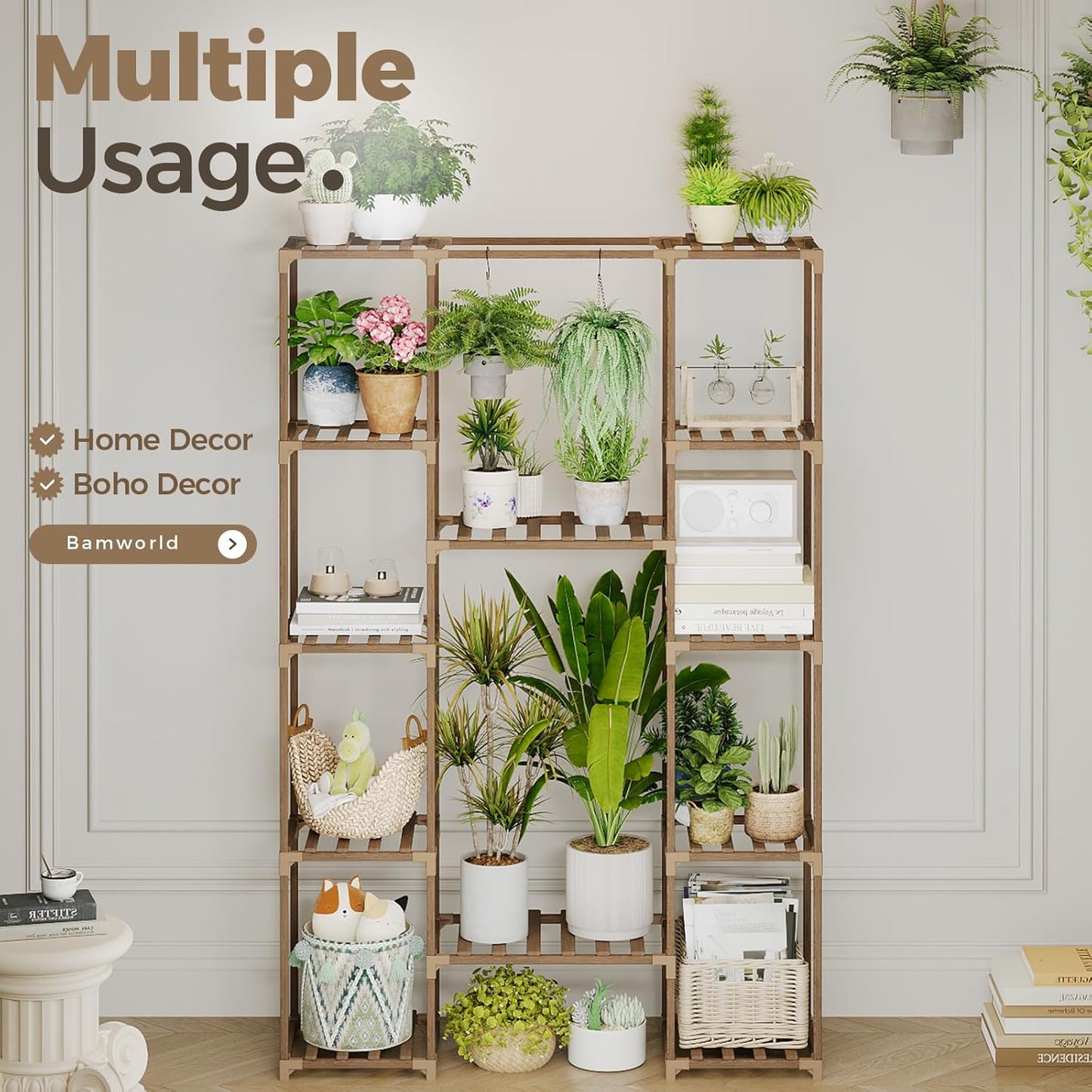 Bamworld Plant Stand Indoor Outdoor Hanging Plant Shelf for Multiple Plants Pots Wood Flower Stand Tall Large Flower Holder for Living Room, Patio, Balcony, Garden Decor, Brown