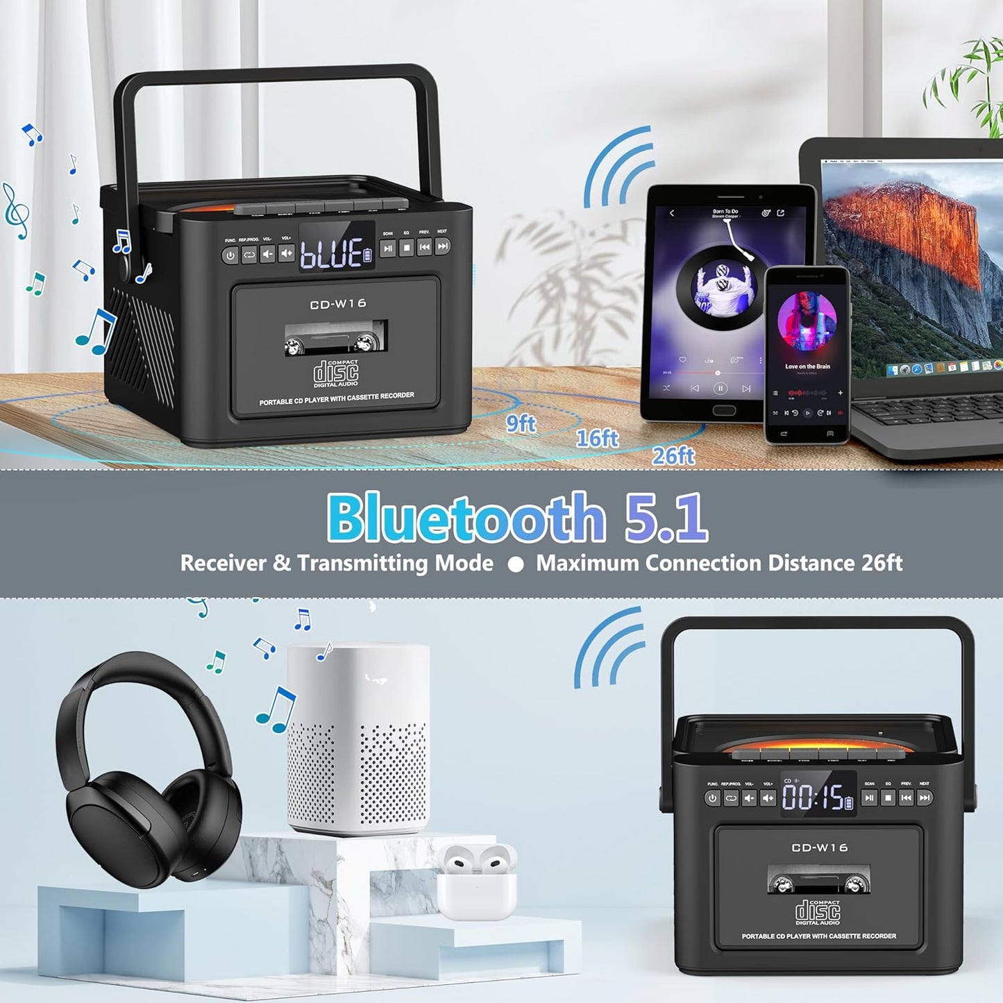 Greadio CD Player Portable, Boombox with CD Cassette Player, 5000mAh Rechargeable Battery Boom Box with Remote Control, Bluetooth 5.1, FM Radio, AUX/USB/SD Card-in, 5W Speaker, LED Screen, Black