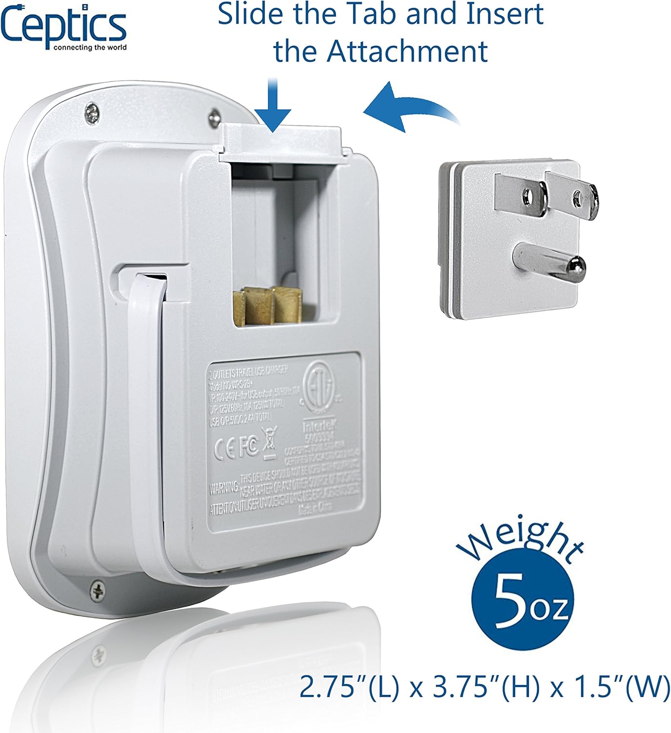 Ceptics Universal Travel Adapter kit, Dual USB (QC 3.0) + 2 US outlets + USB-C Cable, Use with Chargers, Cell Phones, Laptops, 6 Plug attachments for Worldwide use (Does Not Convert Voltage) (WPS-2B)