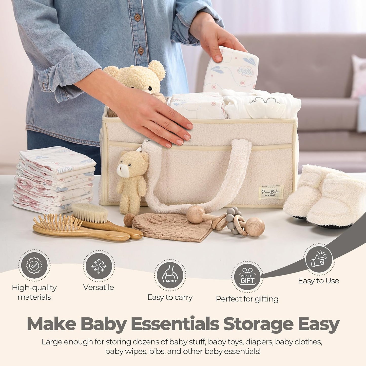 PeraBella Baby Diaper Caddy Organizer, Baby Organizers and Storage for Changing Table, Babies Shower Gift Basket for Boy &Girl, Nursery Essentials Car Caddy Organizer with Handle, White Diaper Basket