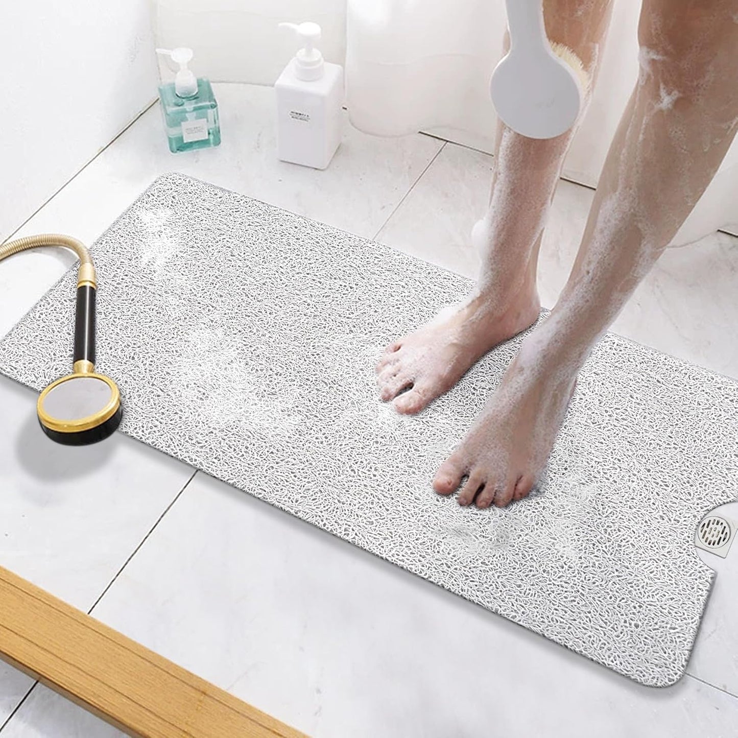 HITSLAM Shower Mat Non Slip, 24 x 16 Inch Bathtub Mat Non Slip with Drain, Soft PVC Loofah Bath Mat for Tub, Quick Drying Bathroom Shower Mat, Grey