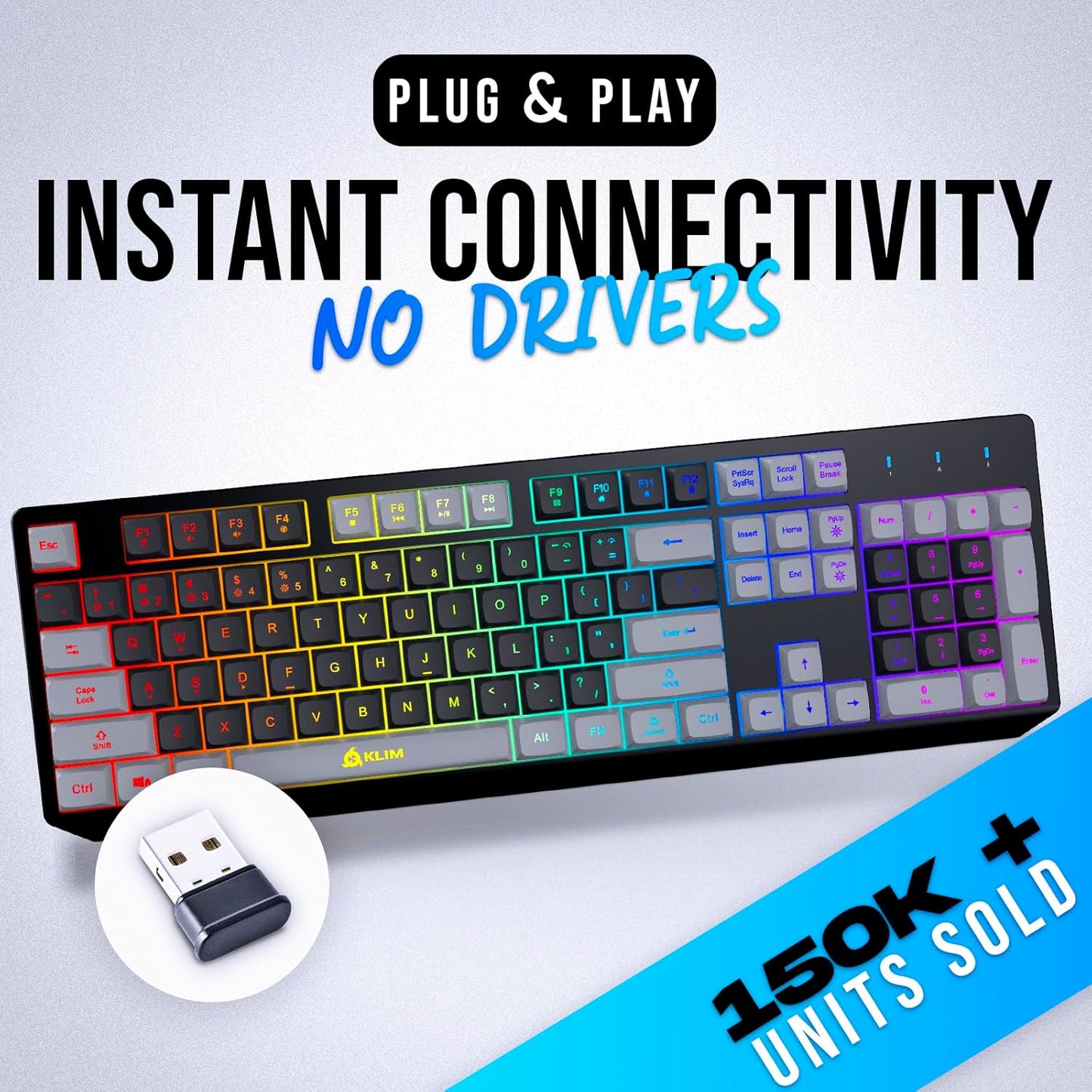 KLIM Chroma Wireless Gaming Keyboard RGB New - Long-Lasting Rechargeable Battery - Quick and Quiet Typing - Water Resistant Backlit Wireless Keyboard for PC PS5 PS4 Mac - Black