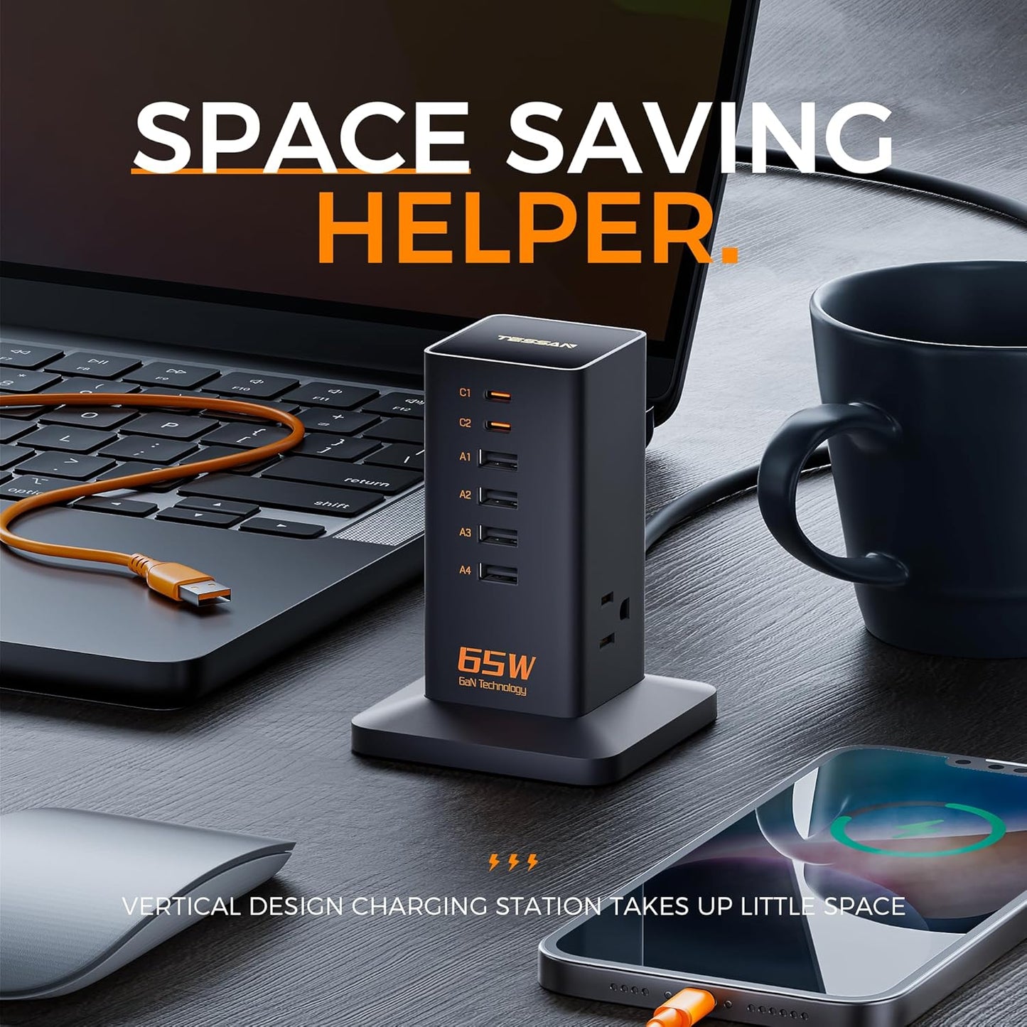 Charging Station, TESSAN 65W Max GaN USB C Charger Block, 6-Ports and 3 AC Outlets Power Tower, Fast Charging for Multiple Devices, Compatible with iPhone, Samsung and More