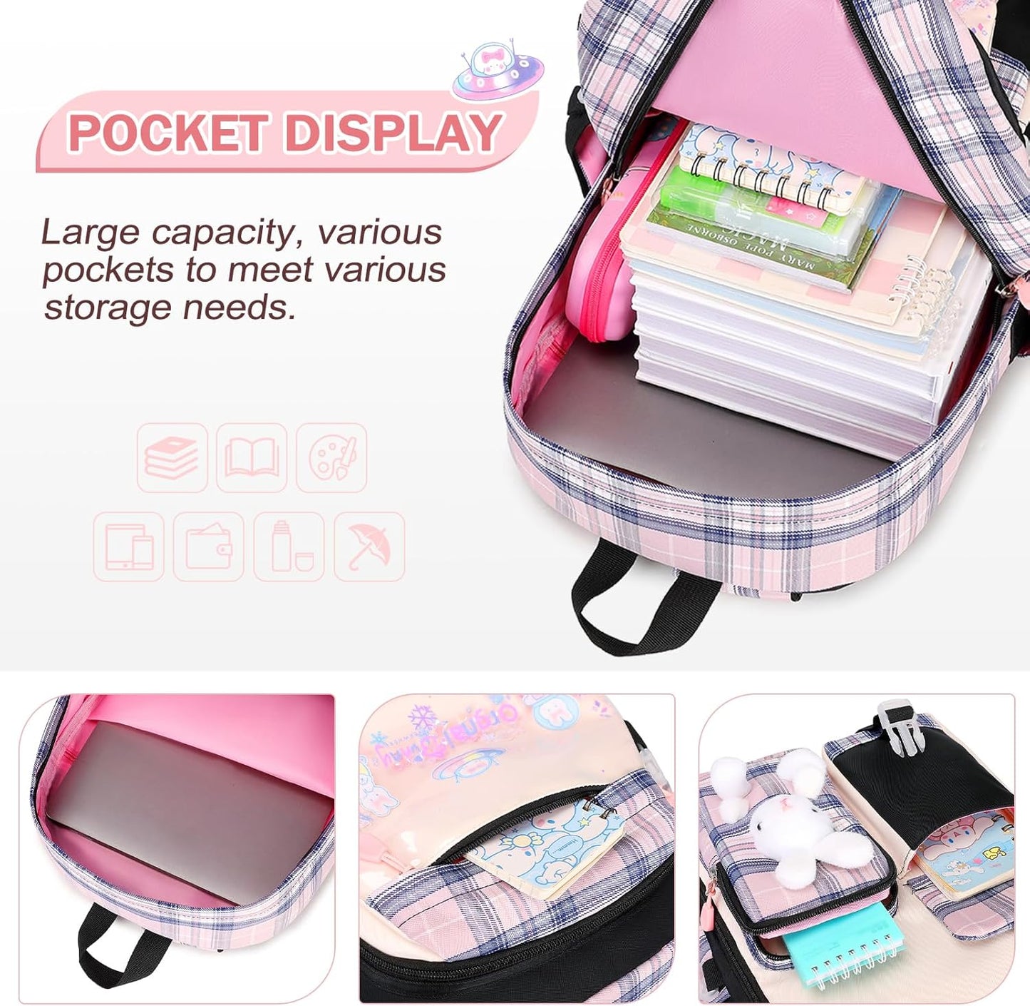 FIXITOK Girls Backpack Set, 3PCS Kids Backpack for Girls, Kawaii Bunny School Backpacks for Girl Kindergarten Elementary Preschool Middle School Bags with Lunch Box Pencil Case Aquamarine