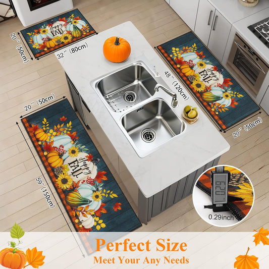 HEBE Fall Kitchen Rugs Set of 3, Washable Pumpkin Kitchen Mats for Floor Non Slip Buffalo Plaid Autumn Kitchen Runner Rug and Carpet Set, Low Profile Sunflower Floor Mats for Thanksgiving Décor