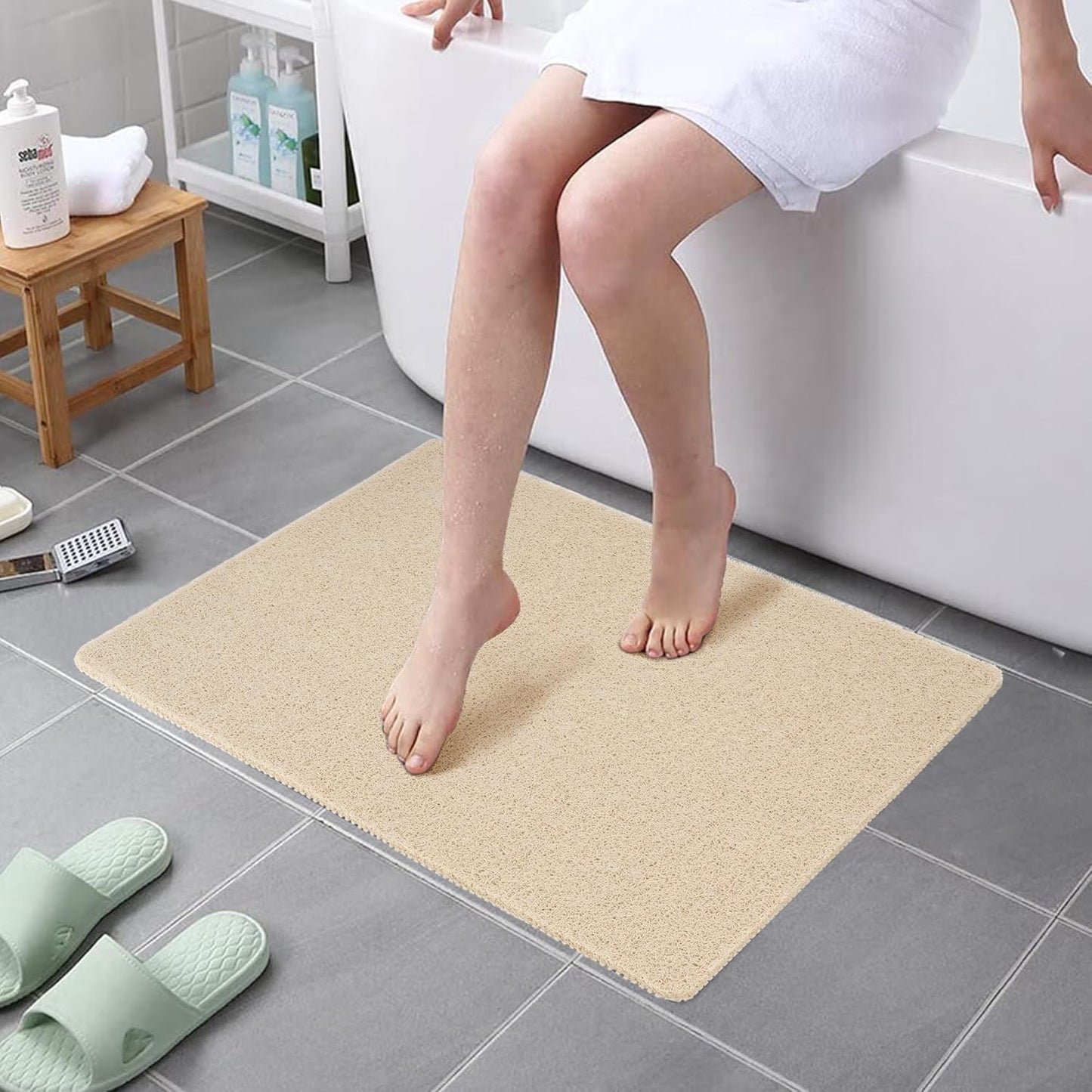 HITSLAM Shower Mat Non Slip, 24 x 16 Inch Bathtub Mat Non Slip with Drain, Soft PVC Loofah Bath Mat for Tub, Quick Drying Bathroom Shower Mat, Grey