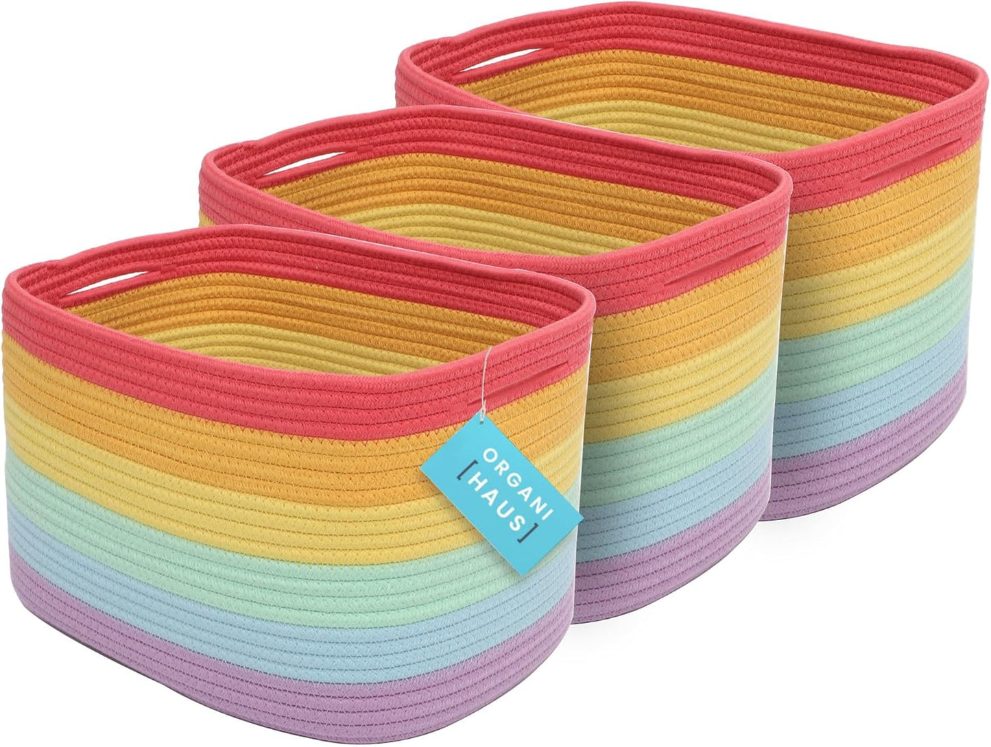 OrganiHaus Soft Woven Baskets for Storage Organization Set of 3, Cotton Rope Nursery Storage Baskets for Shelves, Square Book Bins, Bathroom Towel Hamper, Dog Toy Bins, Panier Rangement - Light Honey