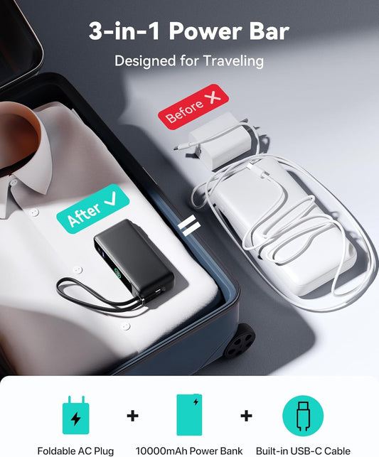 INIU 3-in-1 Power Bank, 30W 10000mAh Fast Charging Portable Charger, Built-in USB C Cable and Foldable AC Plug, Travel Outdoor Essentials Powerbank, Battery Pack for iPhone 16 15 Samsung S25 S24 etc