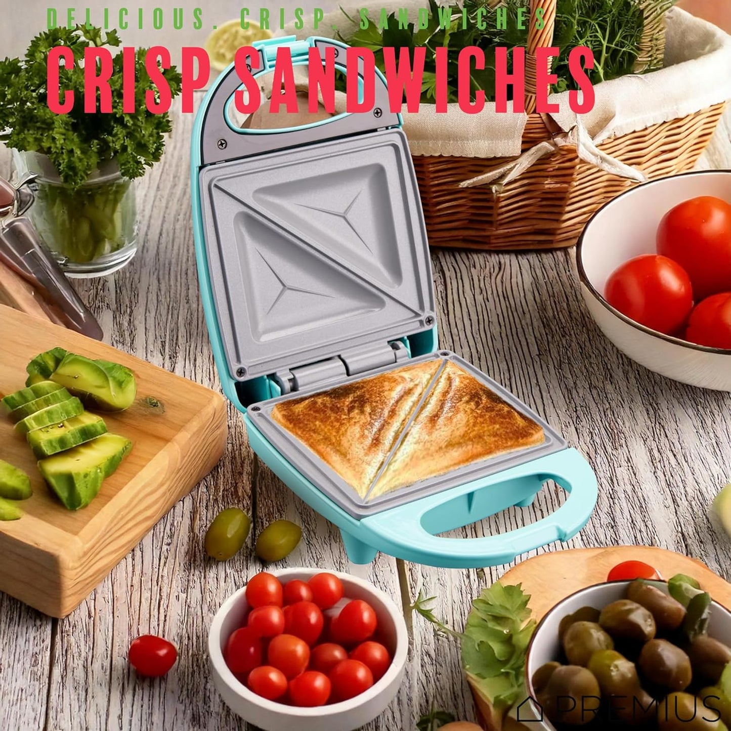 PREMIUS Ceramic NonStick Mini Snack Sandwich Maker, Indicator Light, 5x4.4 Inch Mold, Great for French Toast, Tuna Melt, Egg & Grilled Cheese, Pancake Sandwich, Desserts, Toasties, 520 W (Red)
