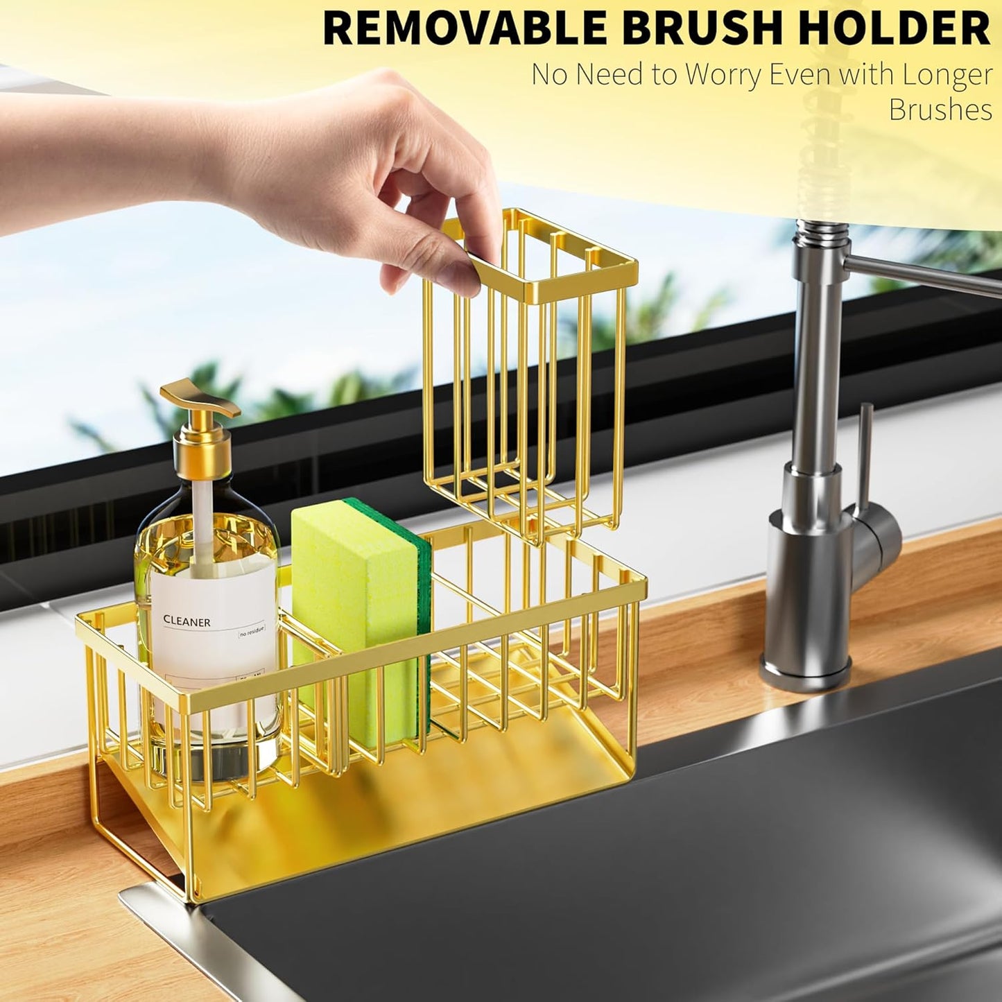 Cisily Kitchen Sink Caddy Organzier with High Brush Holder, Sponge Holder for Sink, 304 Rustproof Stainless, Kitchen Countertop Soap Dispenser Organizer, Kitchen Decor and Accessories (Black)