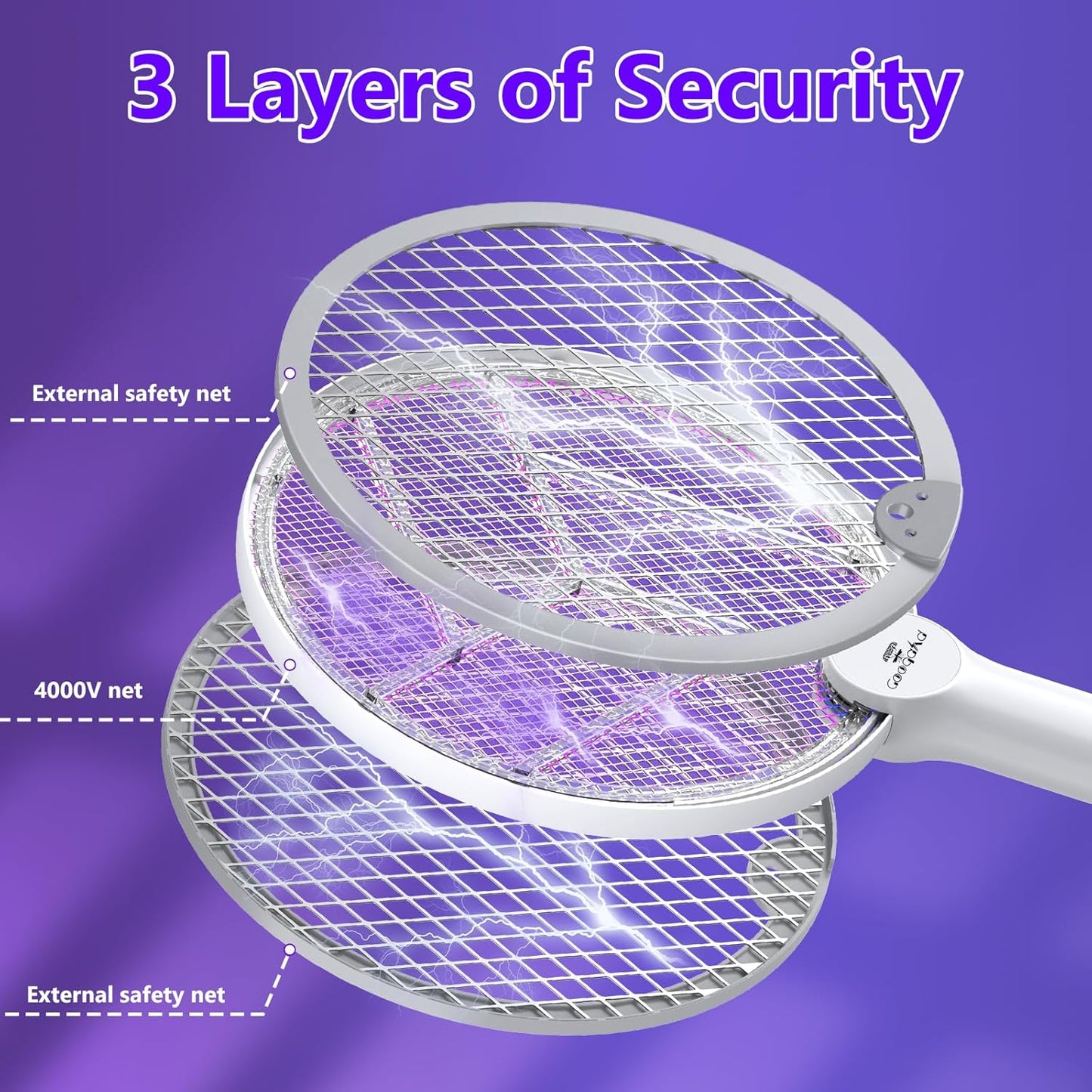 Gooqand Bug Zapper Racket, 2 in 1 Electric Fly Swatte with 3 Layer Safety Mesh, 4000V Fly Zapper with USB Rechargeable, Indoor Outdoor Fly Racket for Bedroom, Kitchen, Camping