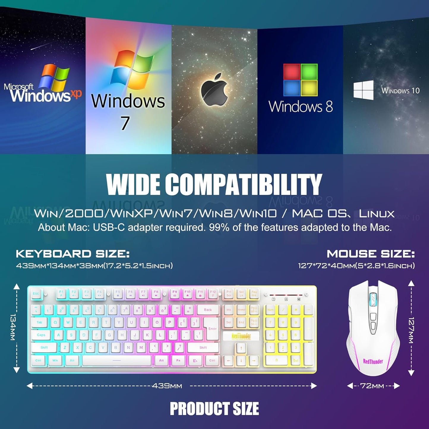 RedThunder K10 Wireless Gaming Keyboard and Mouse Combo, LED Backlit Rechargeable 3800mAh Battery, Mechanical Feel Anti-ghosting Keyboard + 7D 3200DPI Mice for PC Gamer (Black)